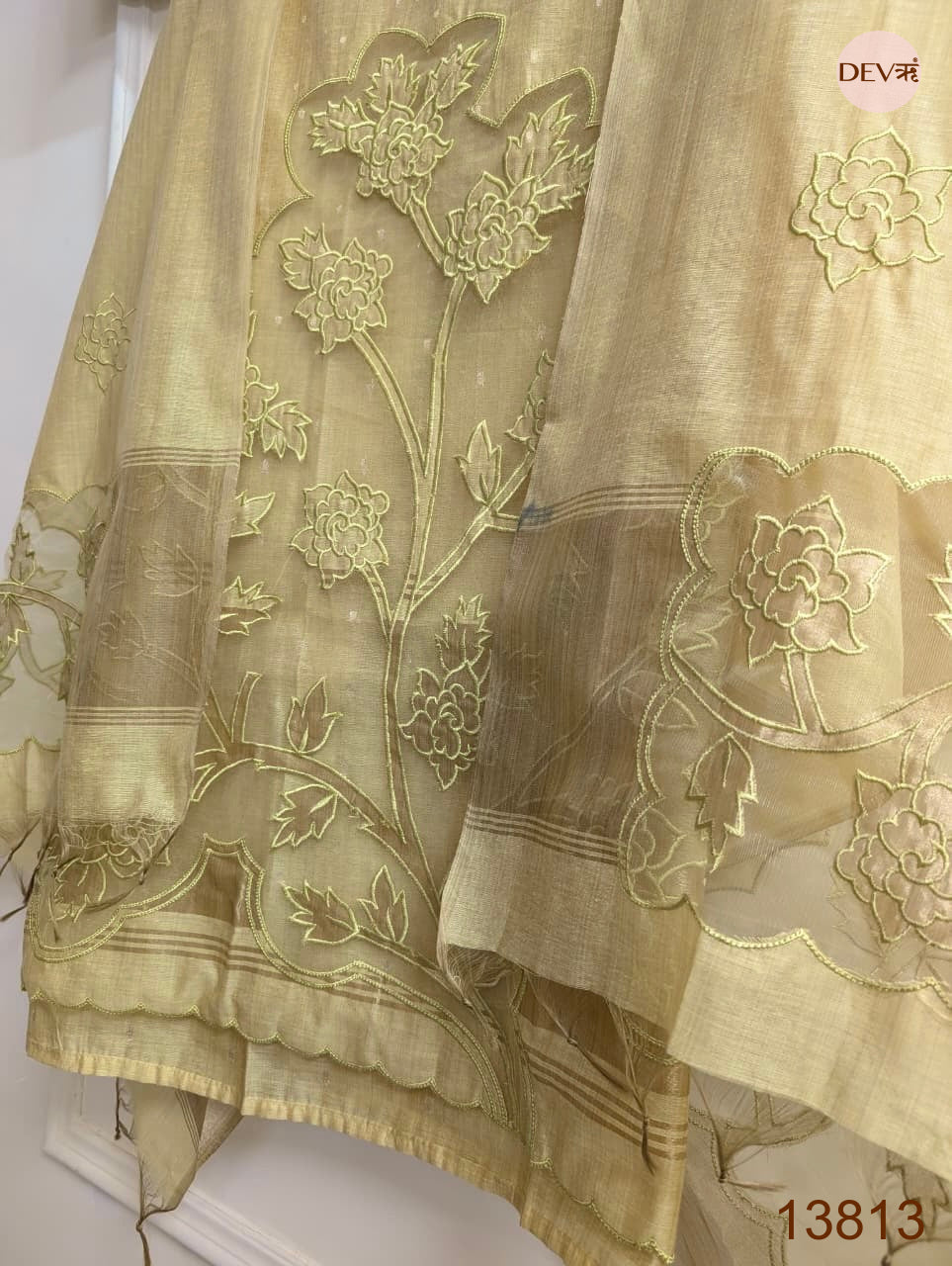 Beige Mul Chanderi Embroidered Unstitched 3-Piece Suit (Devri – D.No 13813)