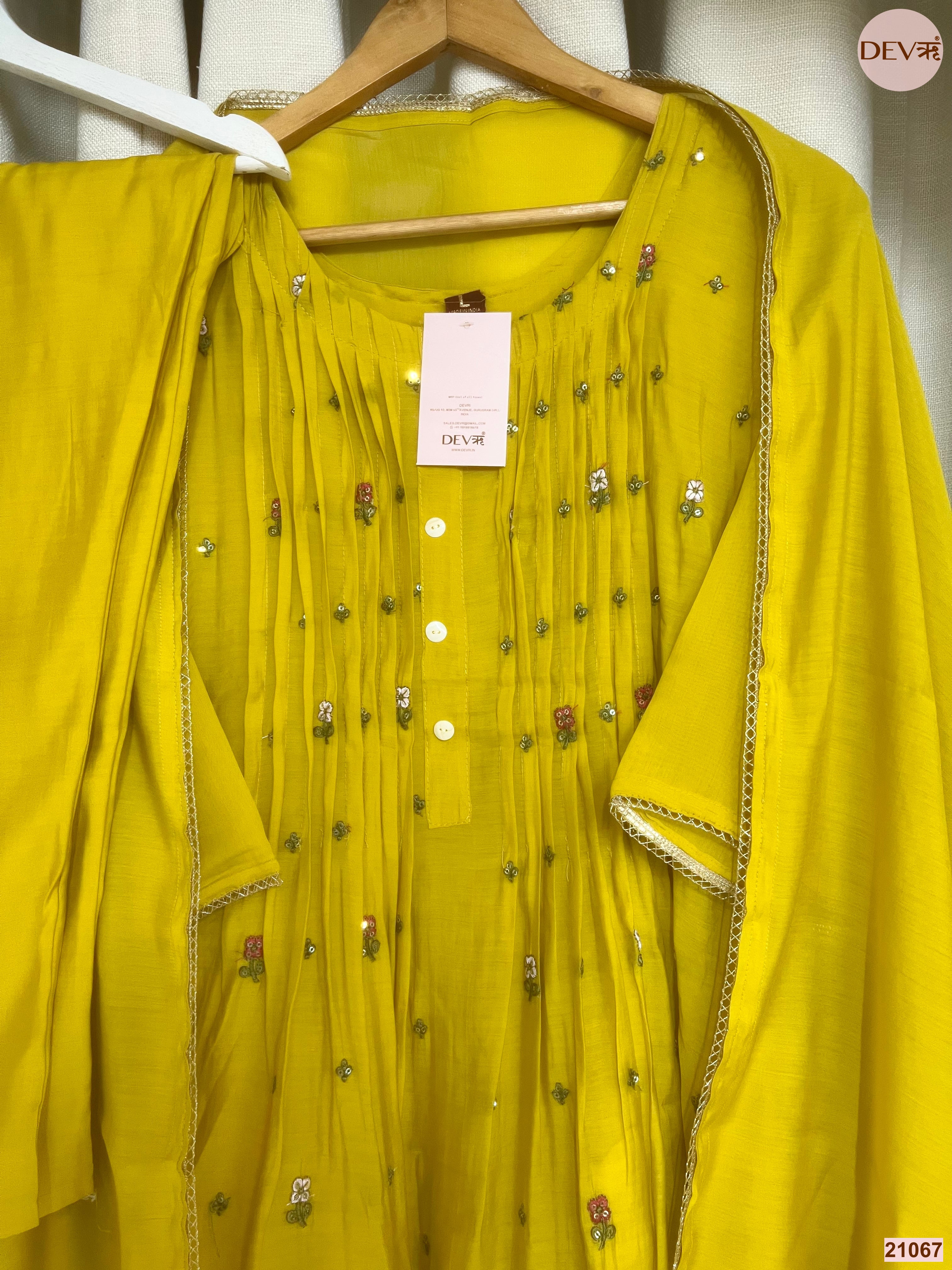 Gulnaar Mul Chanderi Embroidered Yellow 3-Piece Set (Devri – D.No 21067)