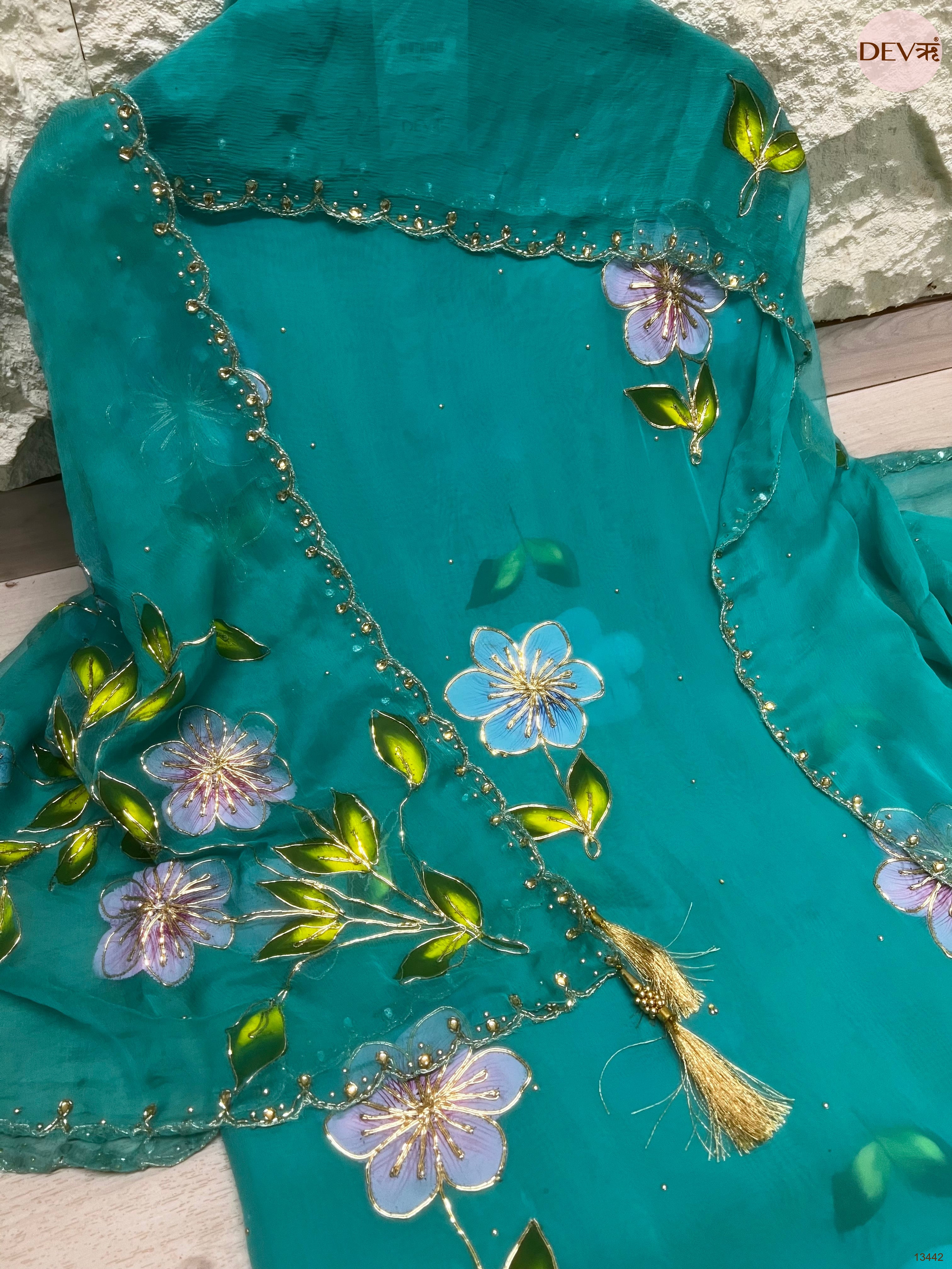 Teal viscose organza Embroidered Unstitched 3-Piece Suit (Devri – D.No 13442)