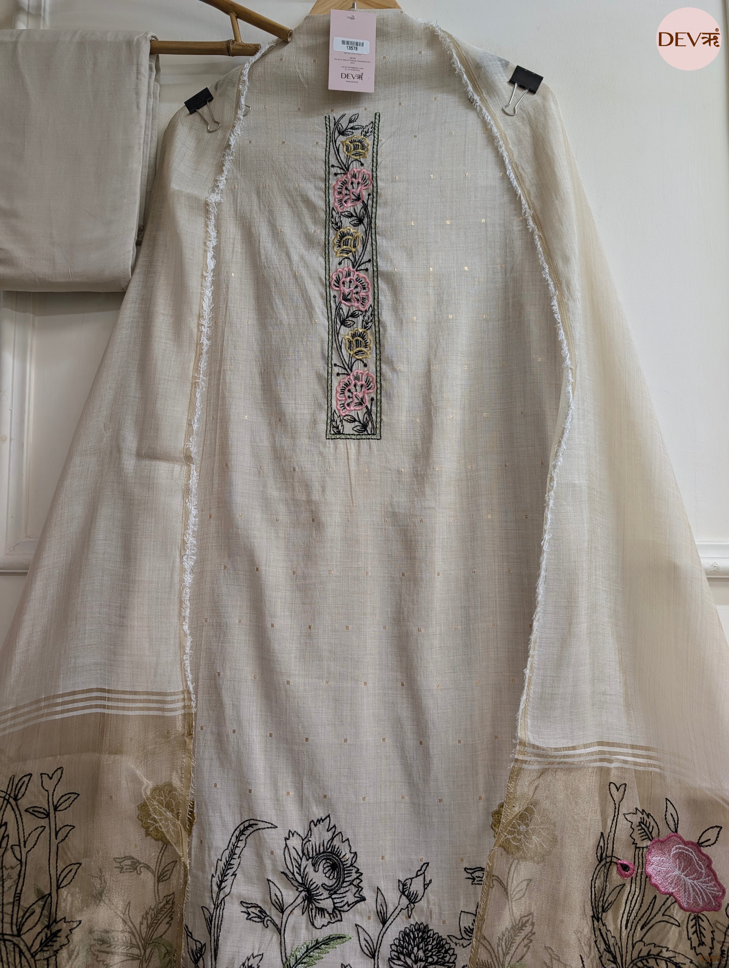 Beige Mul Chanderi Embroidered Unstitched 3-Piece Suit (Devri – D.No 13578)