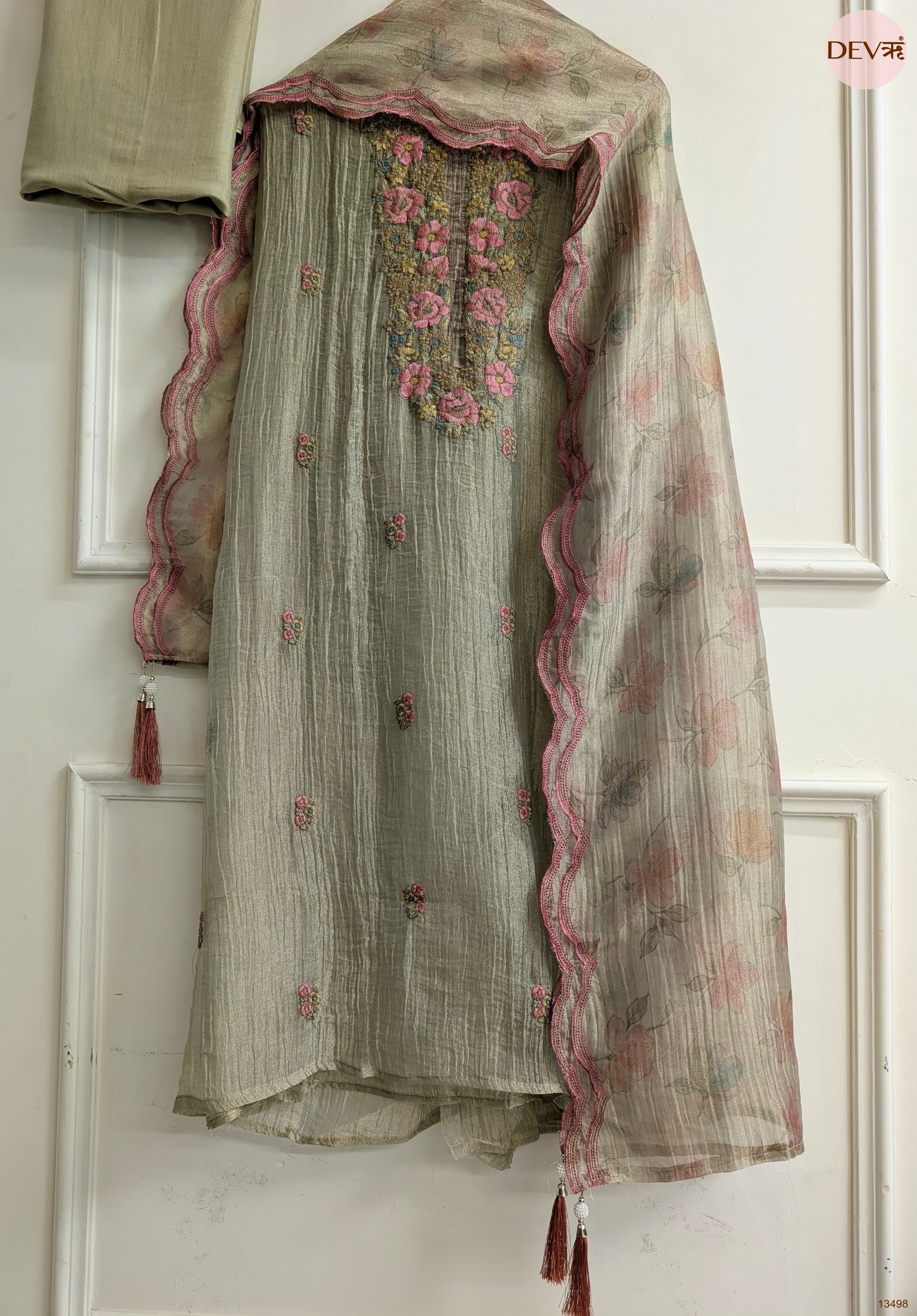 Olive Tissue Crush Silk Embroidered Unstitched 3-Piece Suit (Devri – D.No 13498)