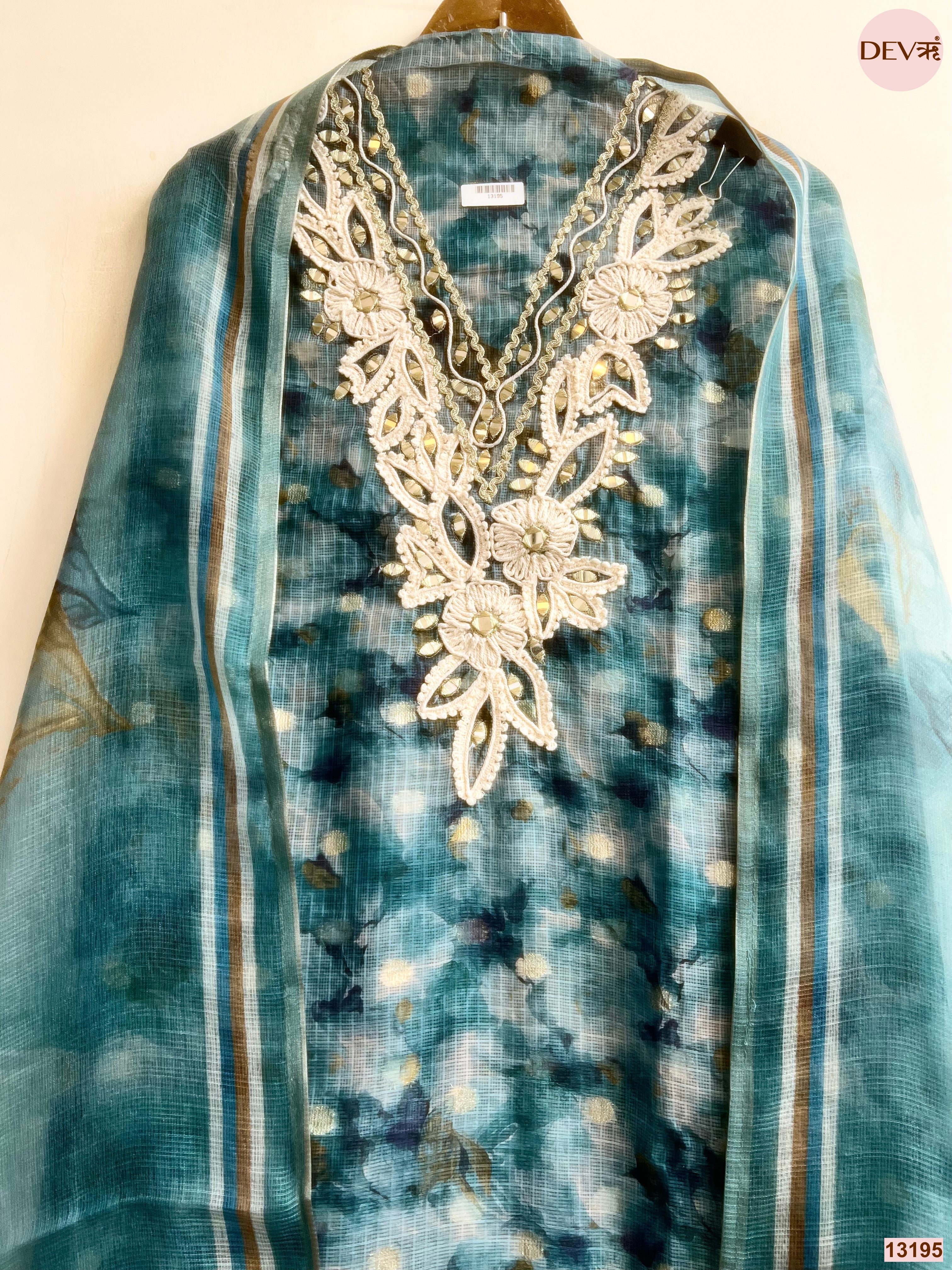 Teal Kota Zari Embroidered Unstitched 3-Piece Suit (Devri – D.No 13195)