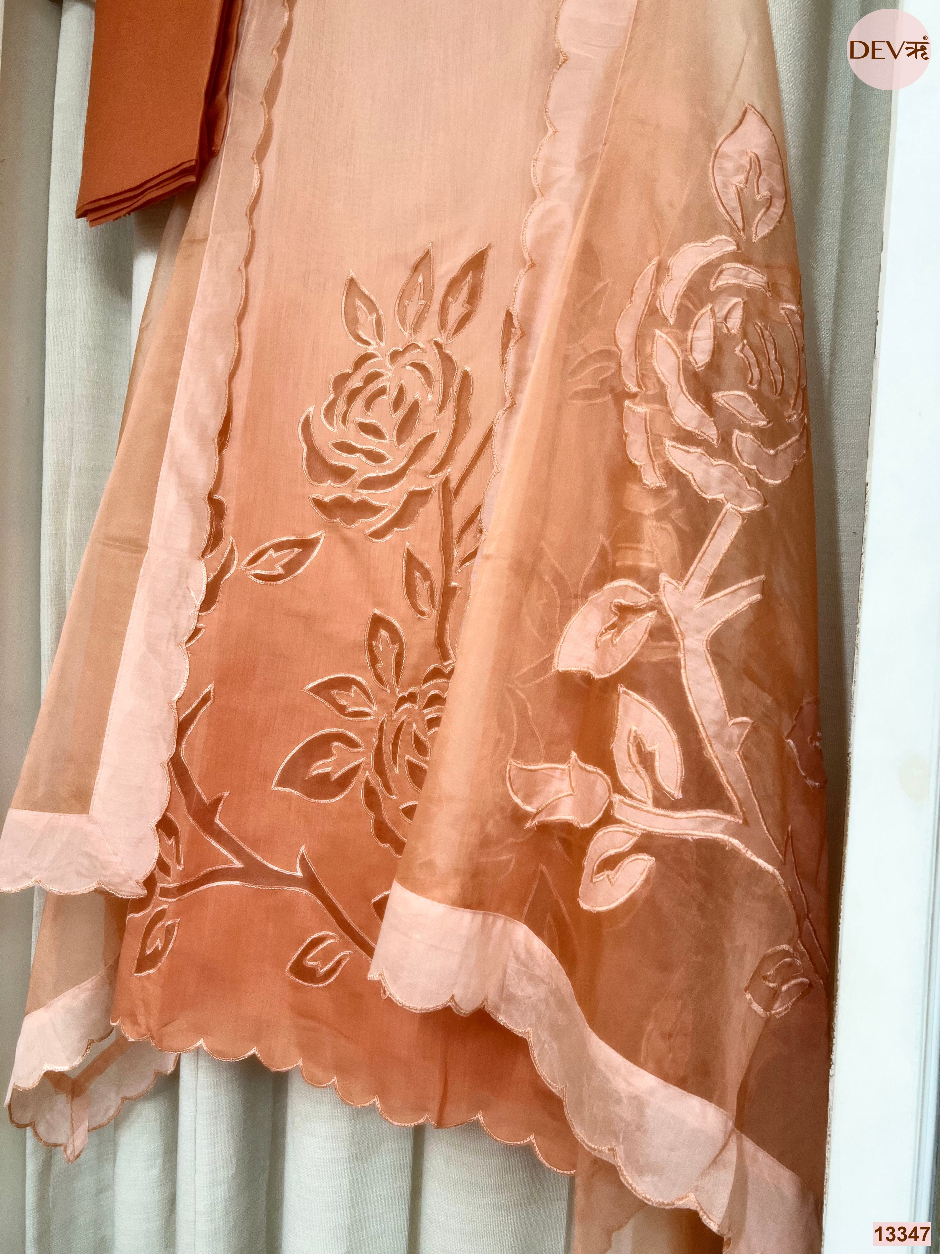Peach Mul Chanderi Embroidered Unstitched 3-Piece Suit (Devri – D.No 13347)