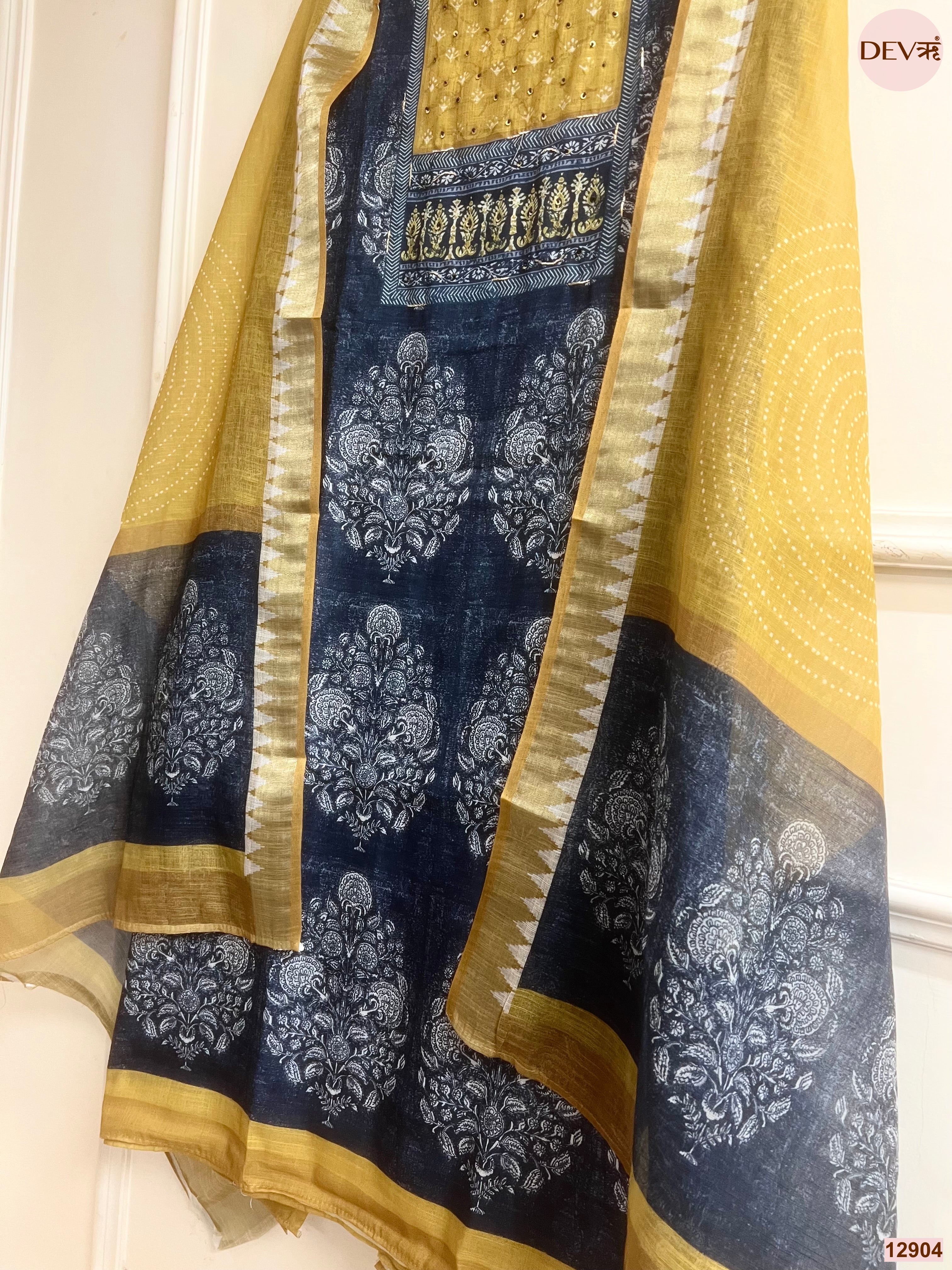 Mustard Linen Cotton Printed Unstitched 3-Piece Suit (Devri – D.No 12904)