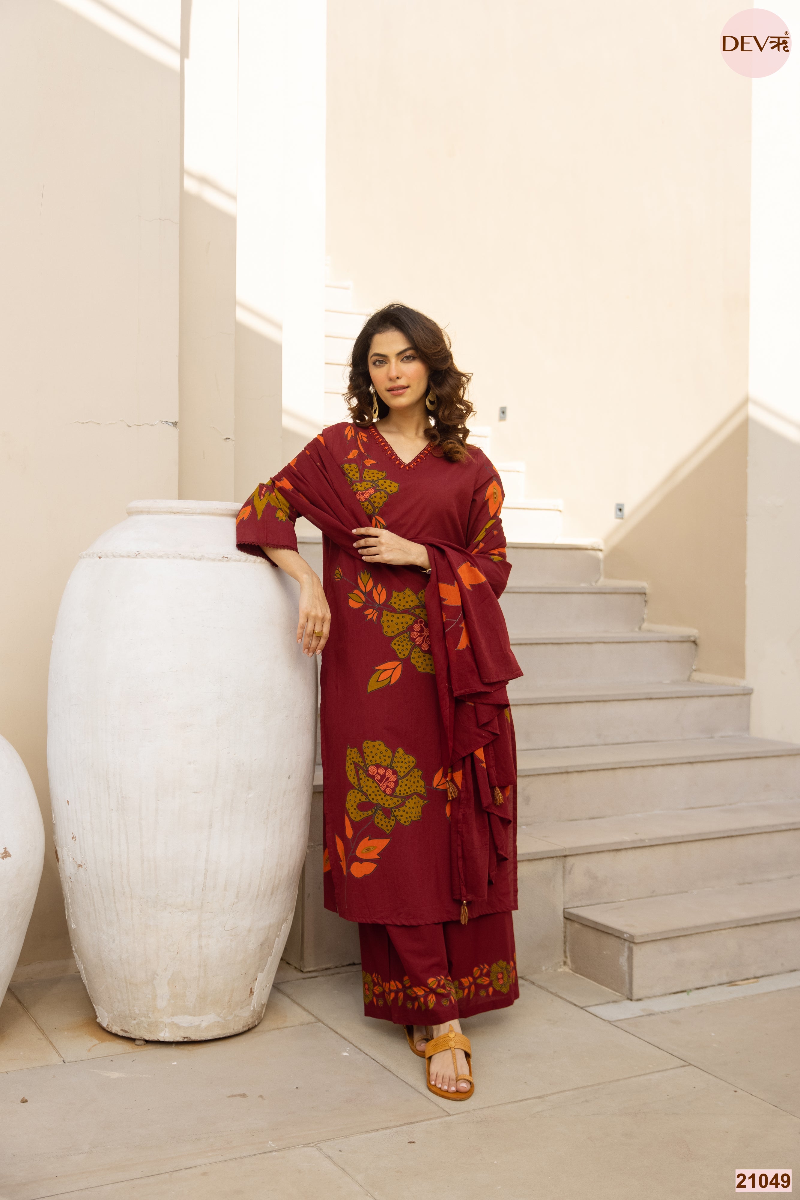 Gulnaar Cotton Slub Printed Maroon 3-Piece Set (Devri – D.No 21049)