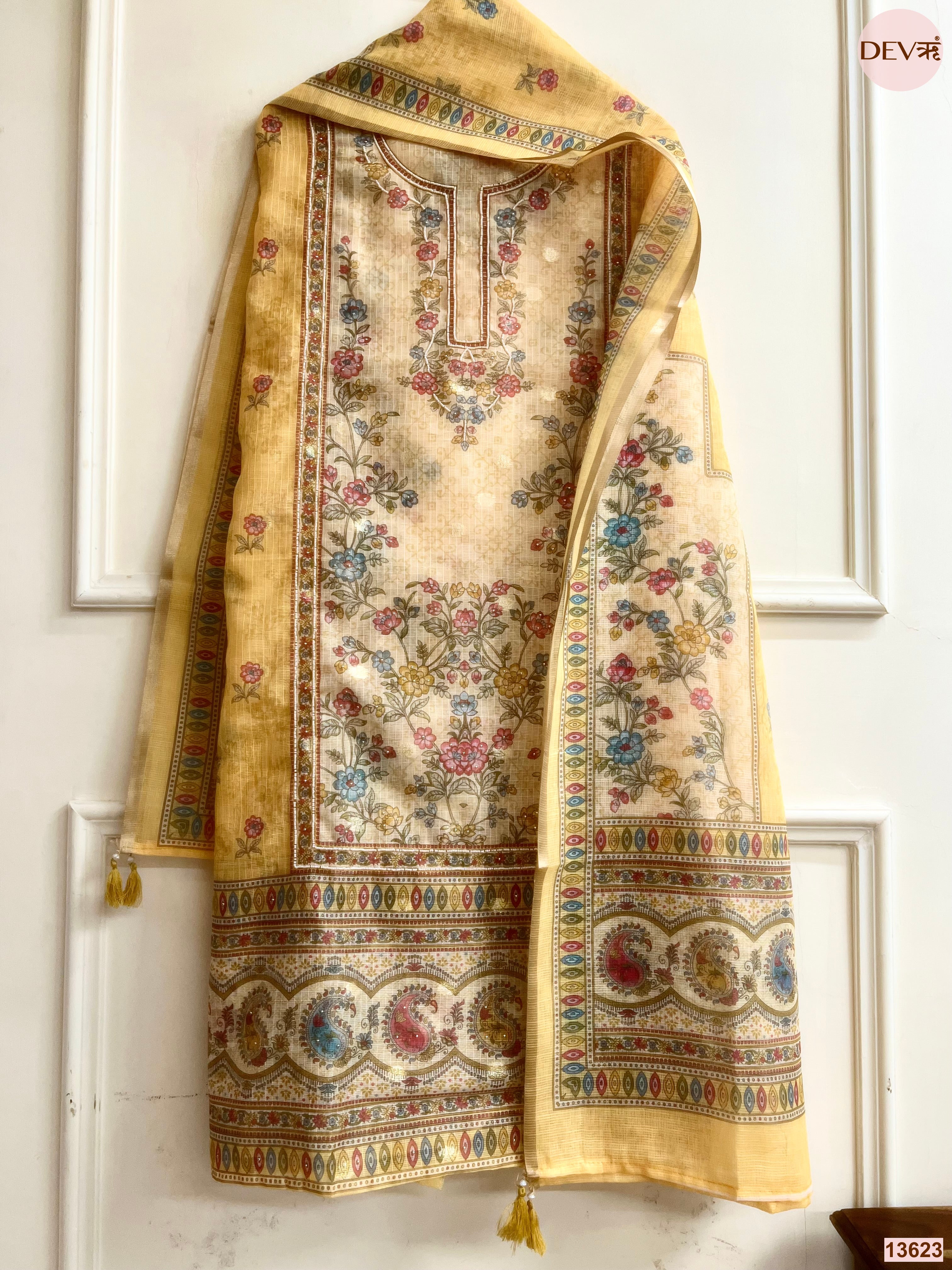 Beige Kota Zari Printed Unstitched 3-Piece Suit (Devri – D.No 13623)