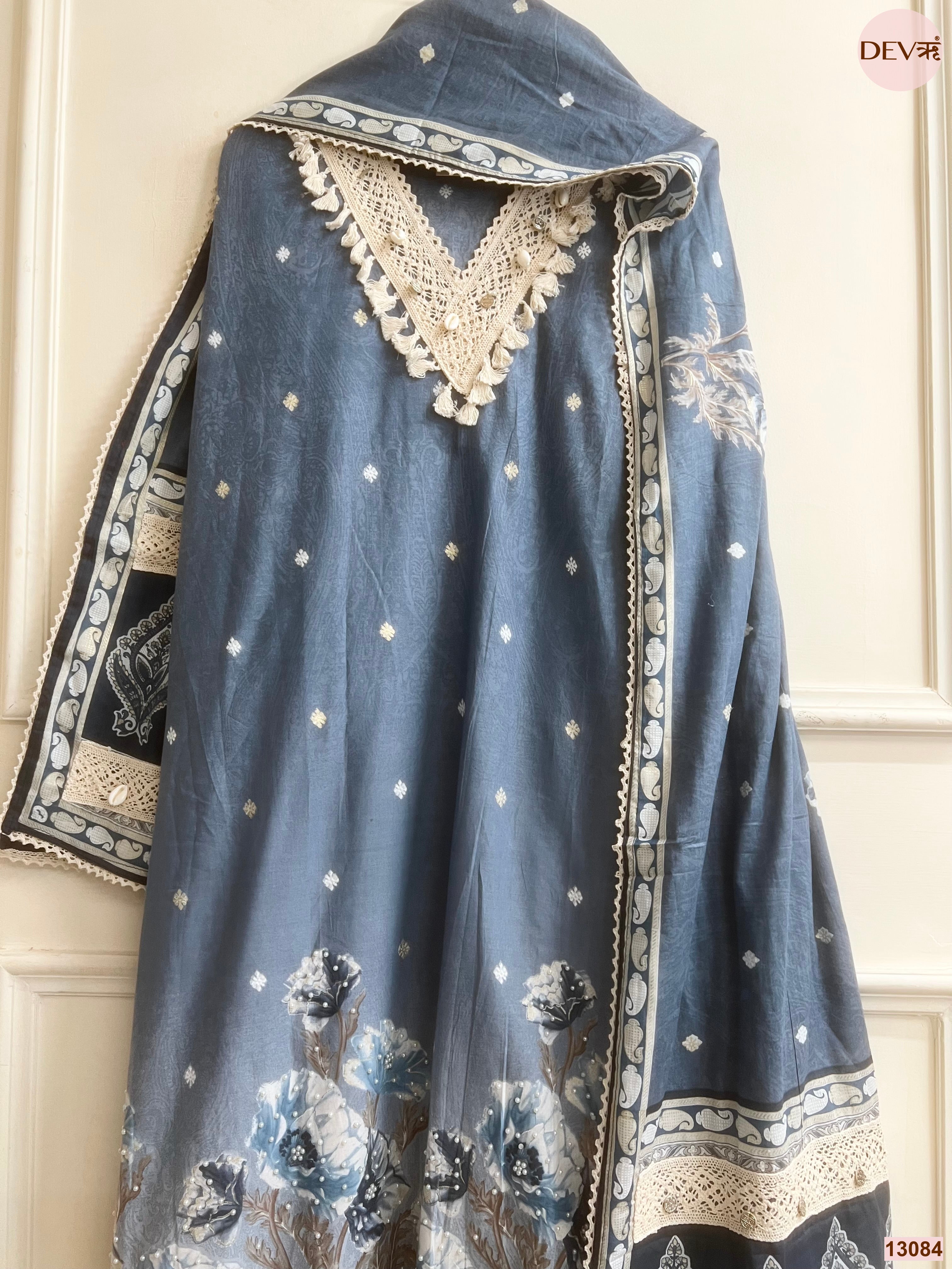 Blue Cotton Printed Unstitched 3-Piece Suit (Devri – D.No 13084)