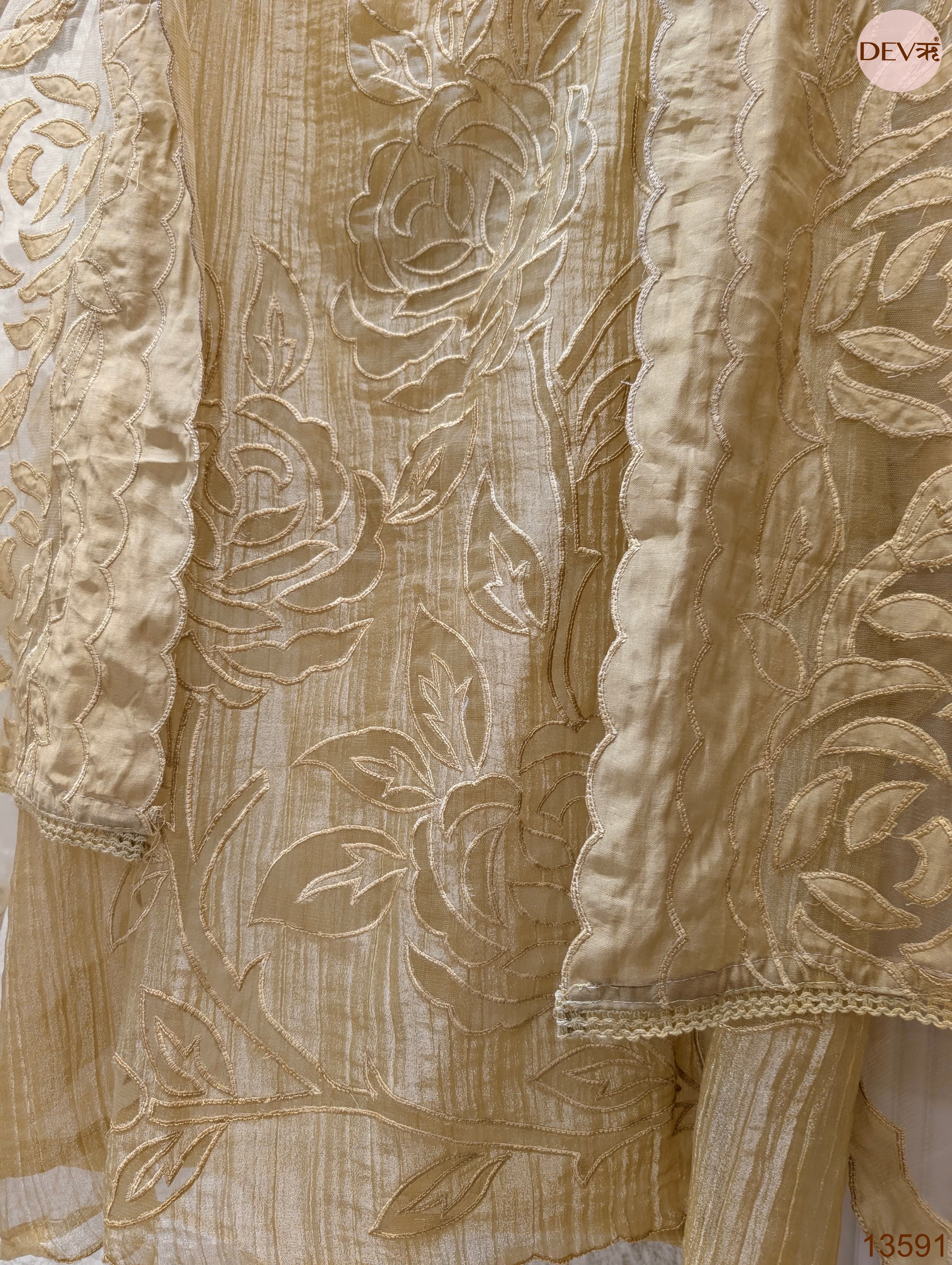 Beige Tissue Crush Silk Embroidered Unstitched 3-Piece Suit (Devri – D.No 13591)
