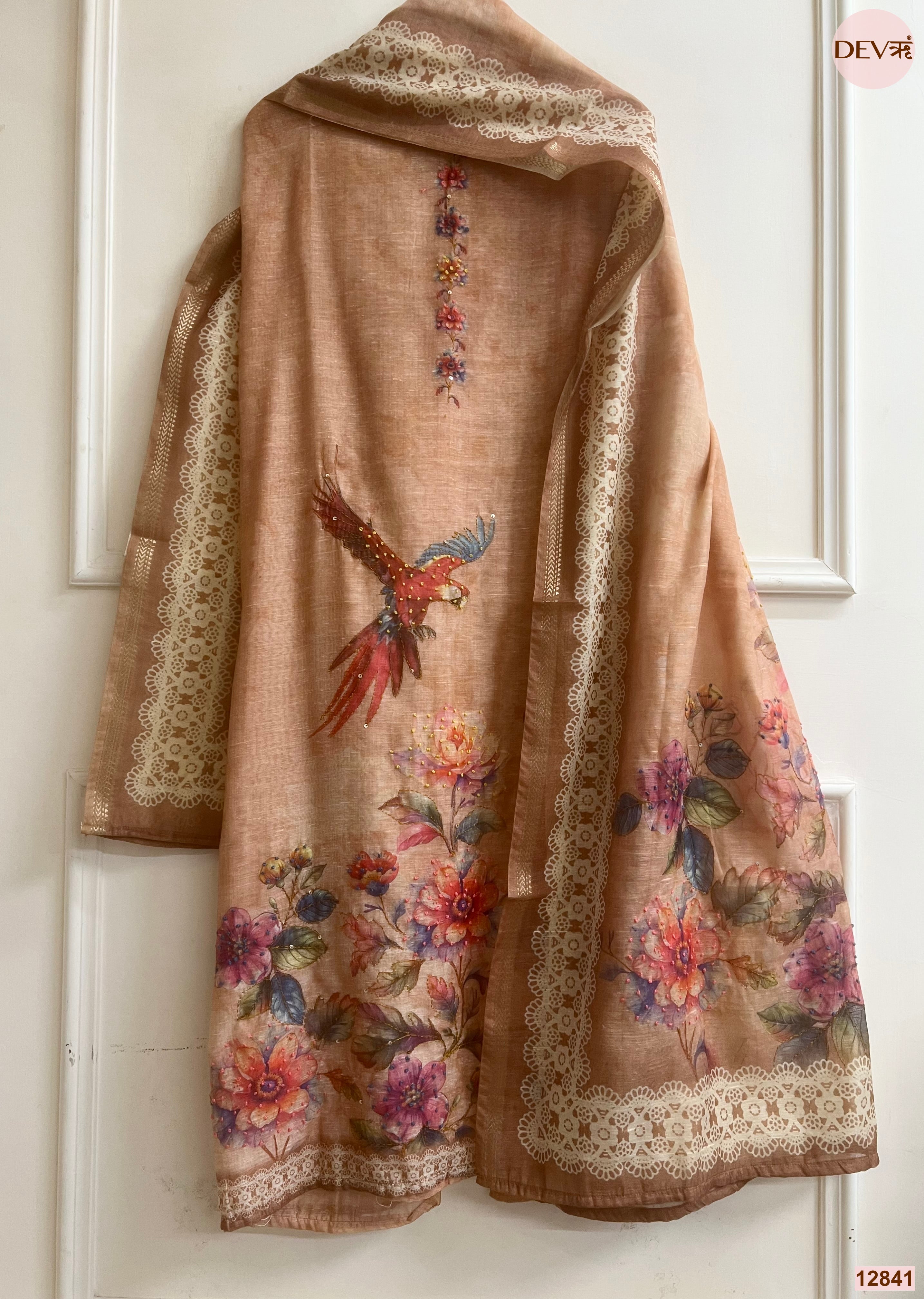 Peach Mul Chanderi Printed Unstitched 3-Piece Suit (Devri – D.No 12841)