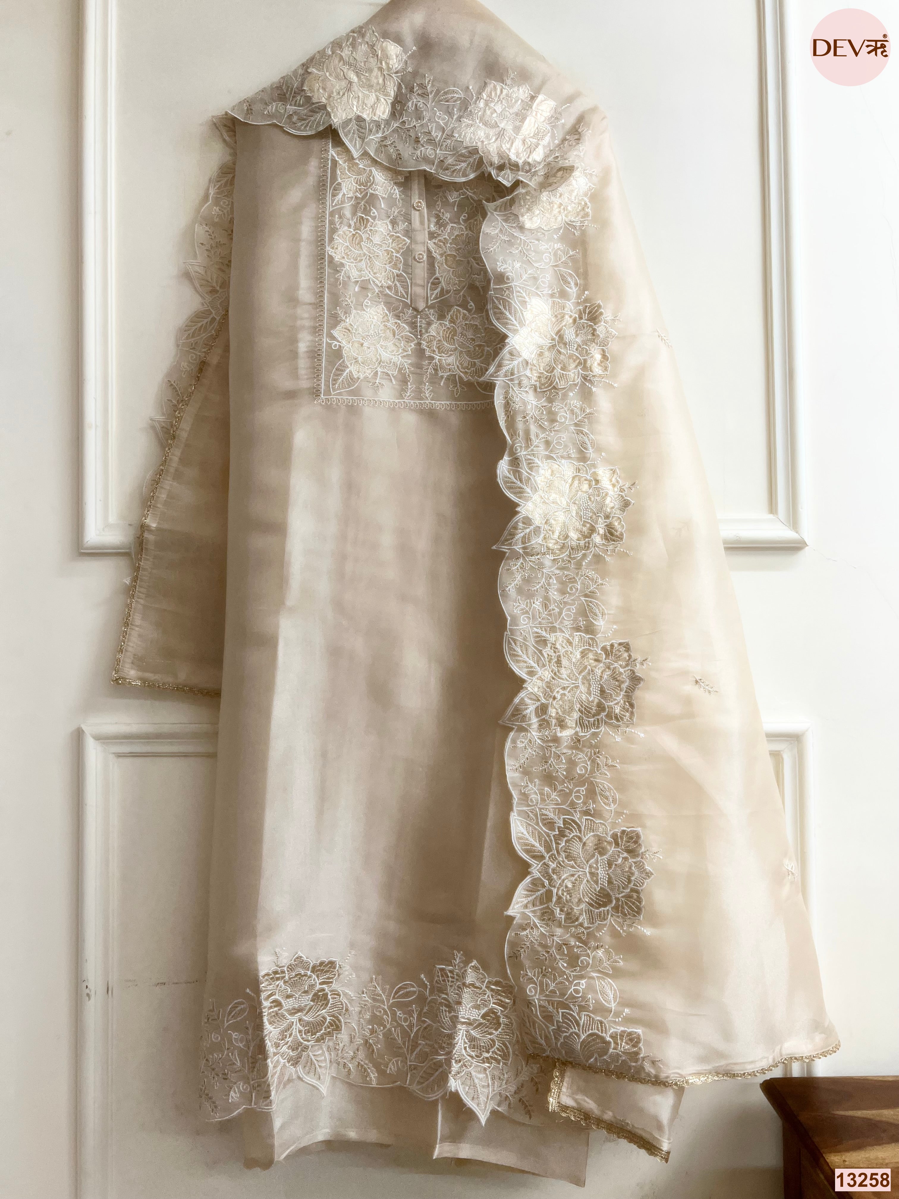 Beige Tissue Shimmer Silk Embroidered Unstitched 3-Piece Suit (Devri – D.No 13258)