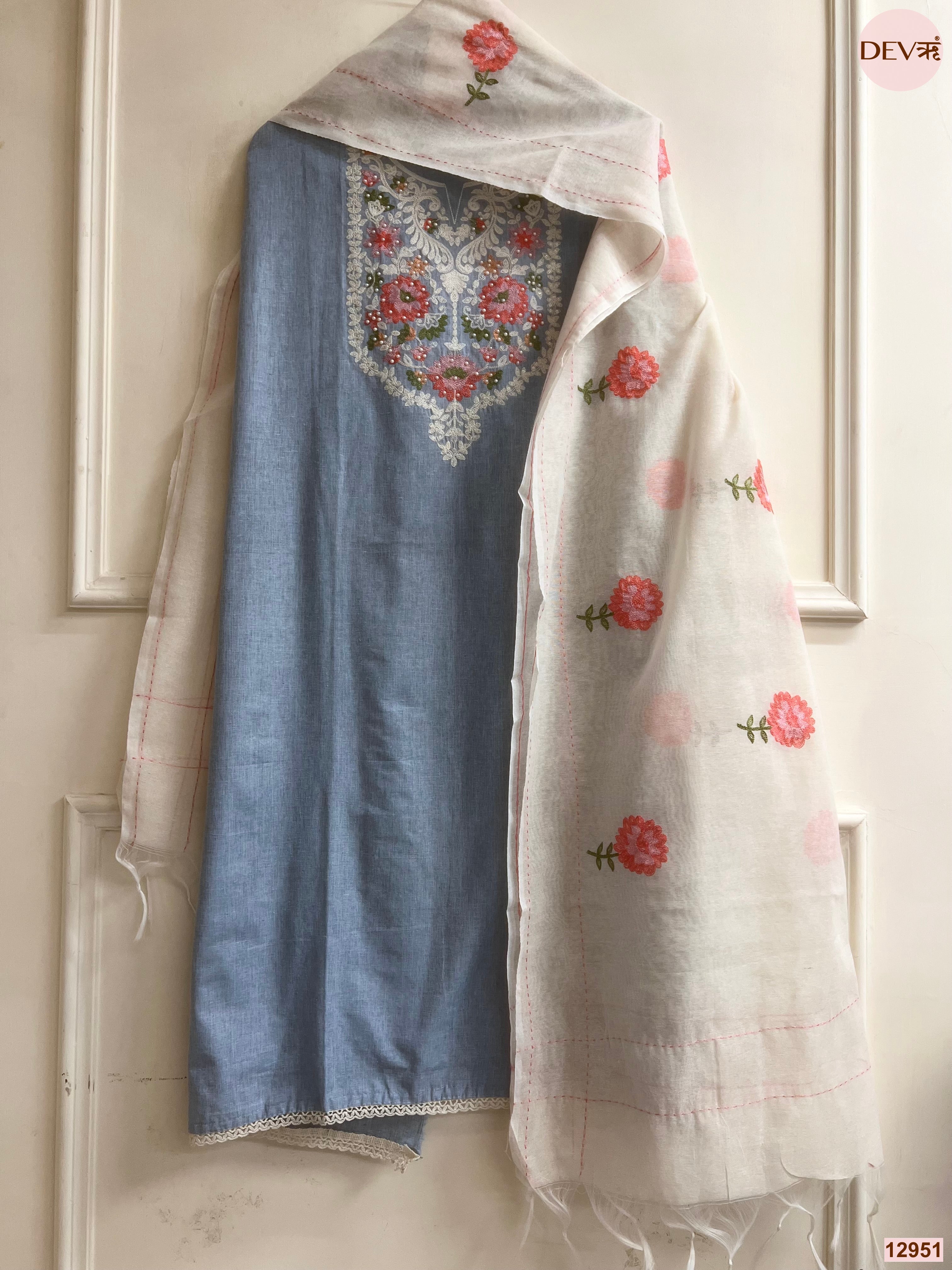 Blue Cotton Handloom Embroidered Unstitched 3-Piece Suit (Devri – D.No 12951)