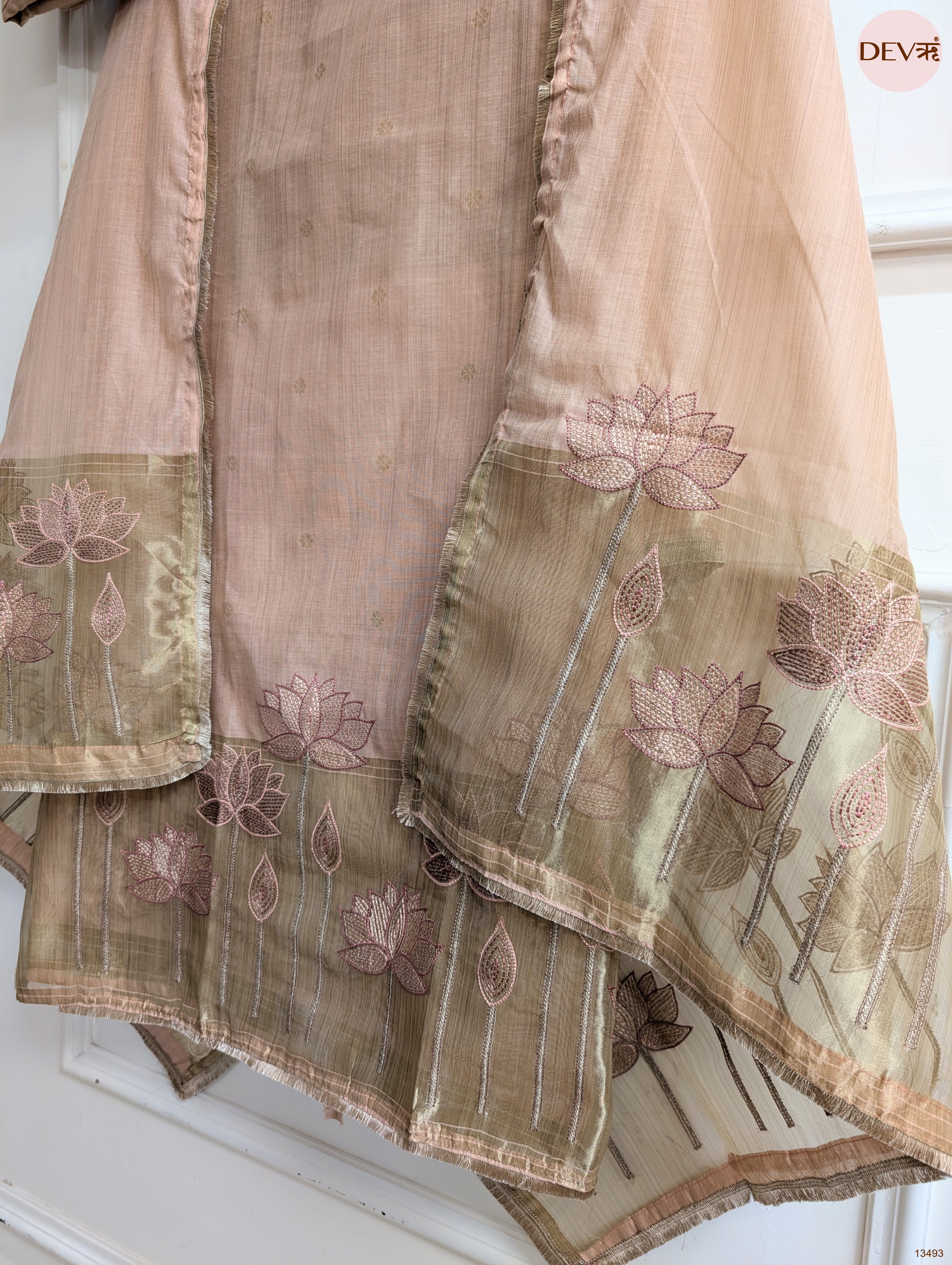 Peach Banarashi Silk Printed Unstitched 3-Piece Suit (Devri – D.No 13493)
