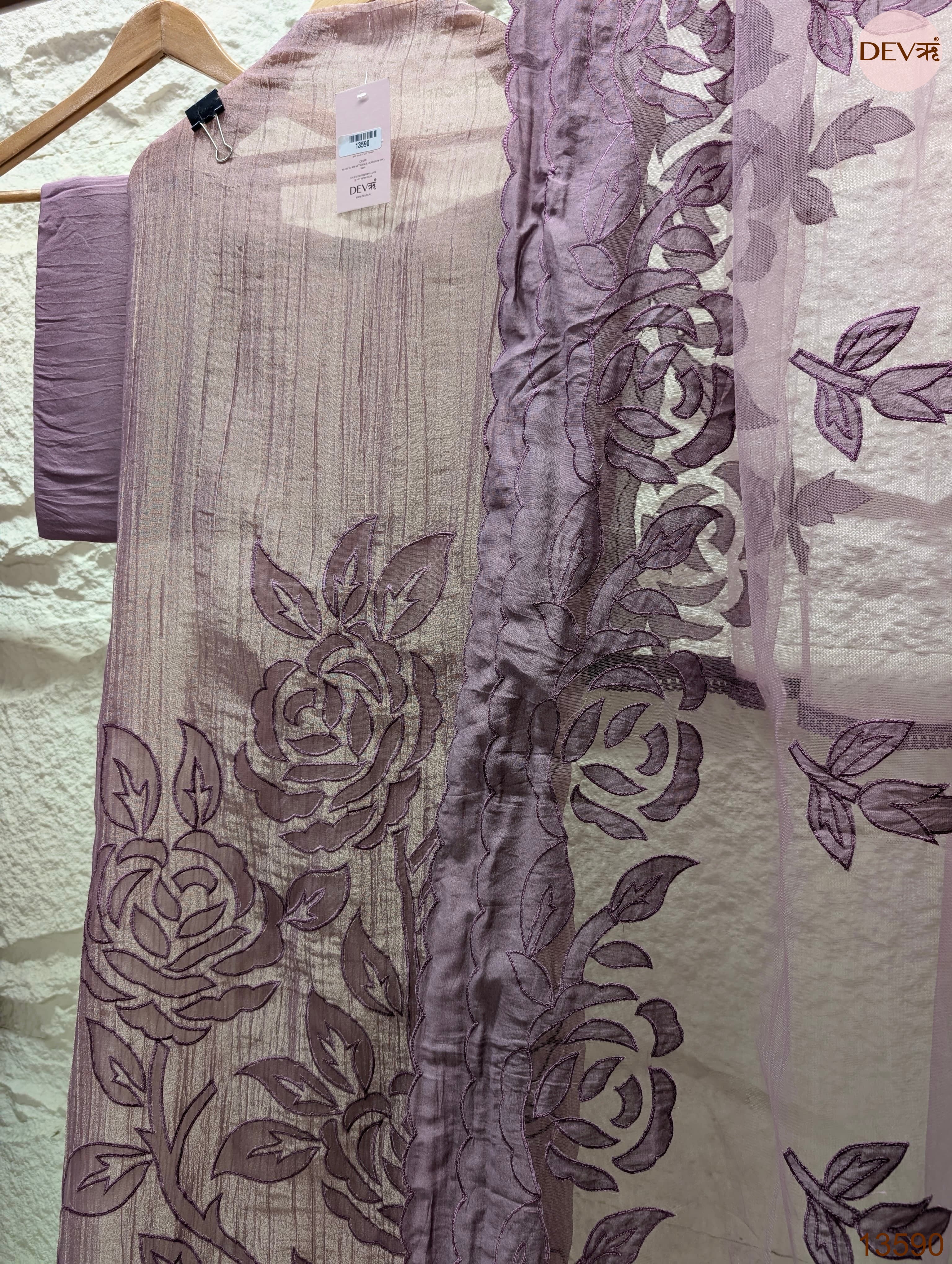 Purple Tissue Crush Silk Embroidered Unstitched 3-Piece Suit (Devri – D.No 13590)