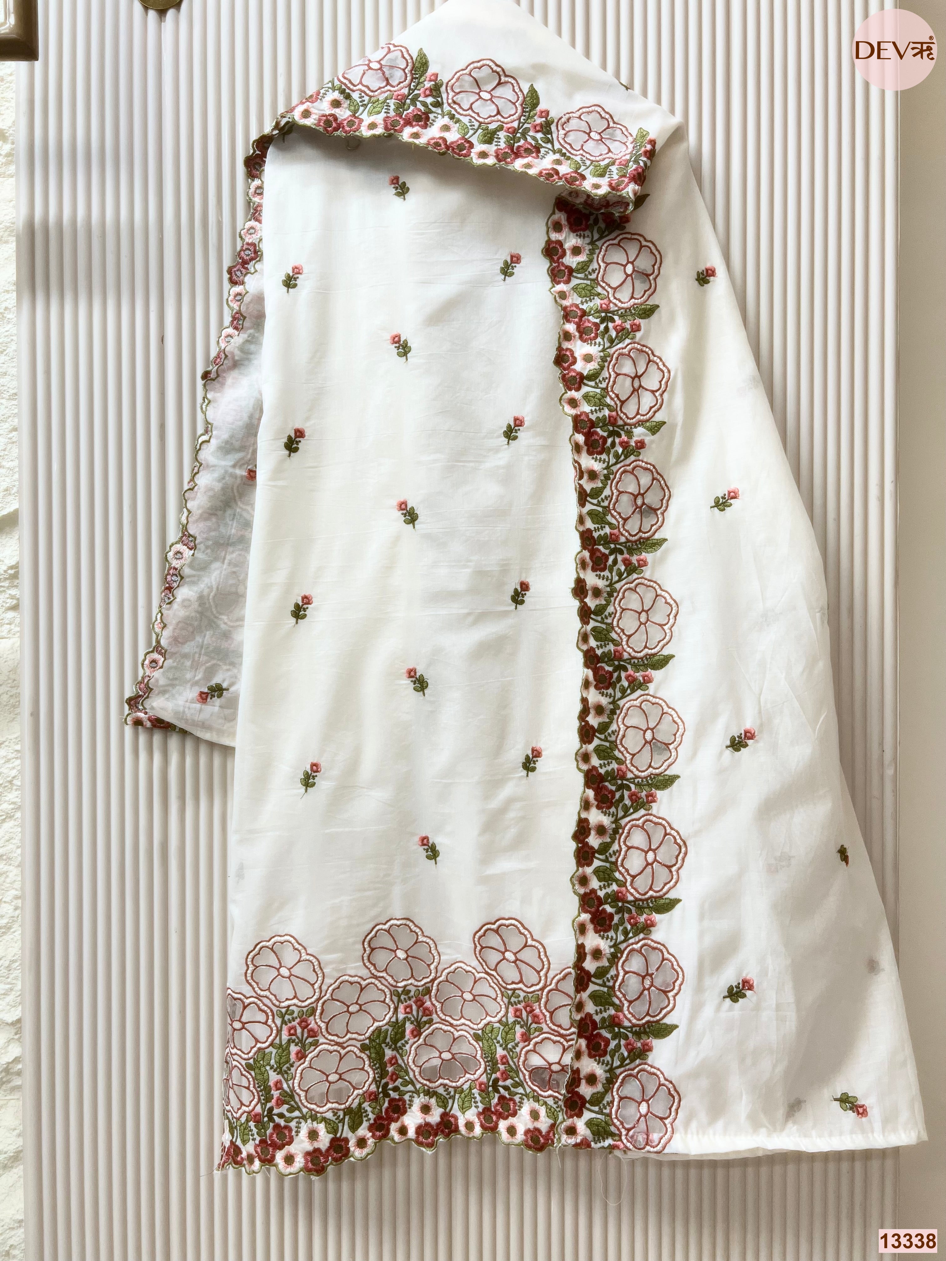 White Mul Chanderi Embroidered Unstitched 3-Piece Suit (Devri – D.No 13338)