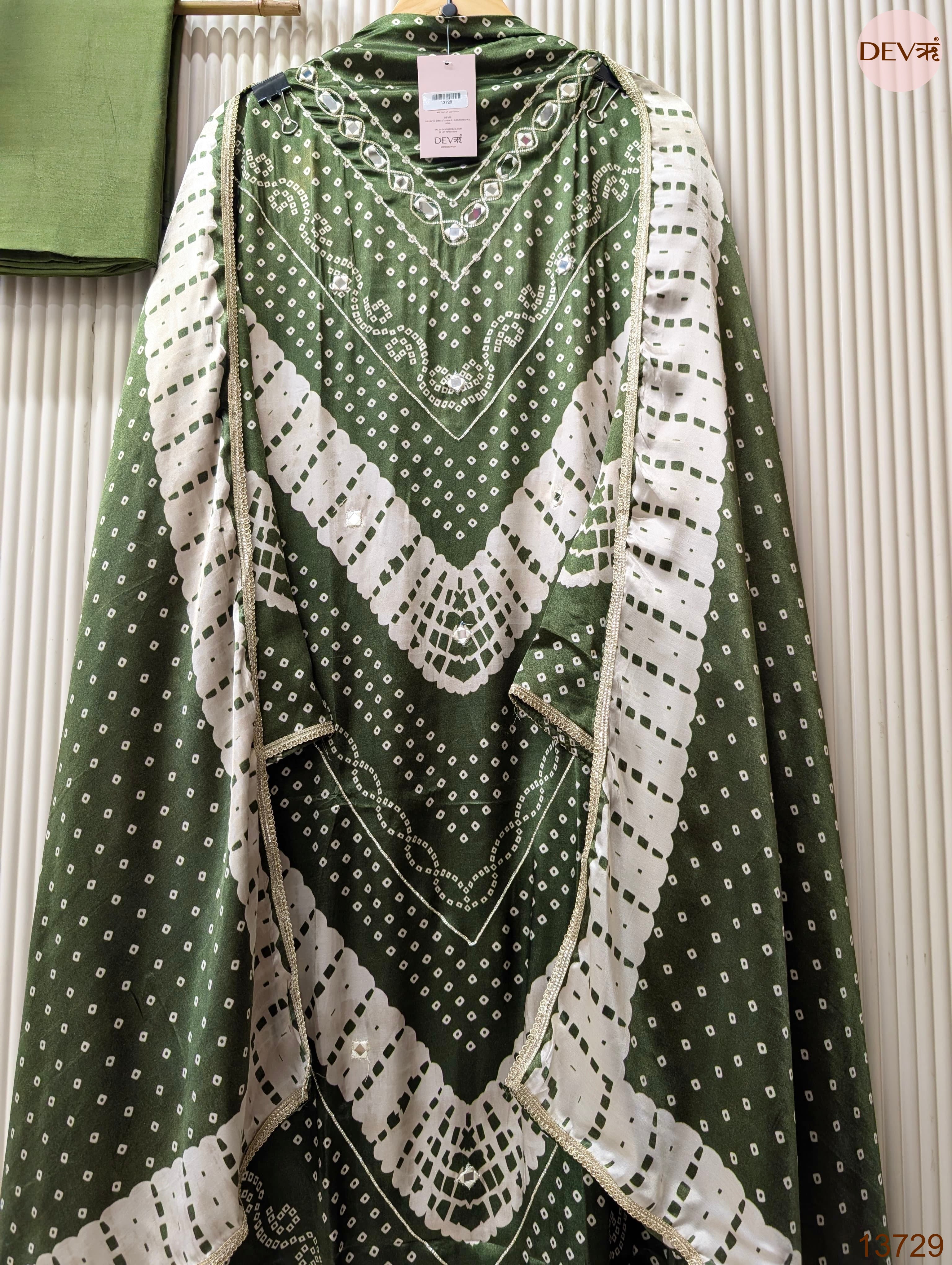 Olive Gajji Silk Printed Unstitched 3-Piece Suit (Devri – D.No 13729)