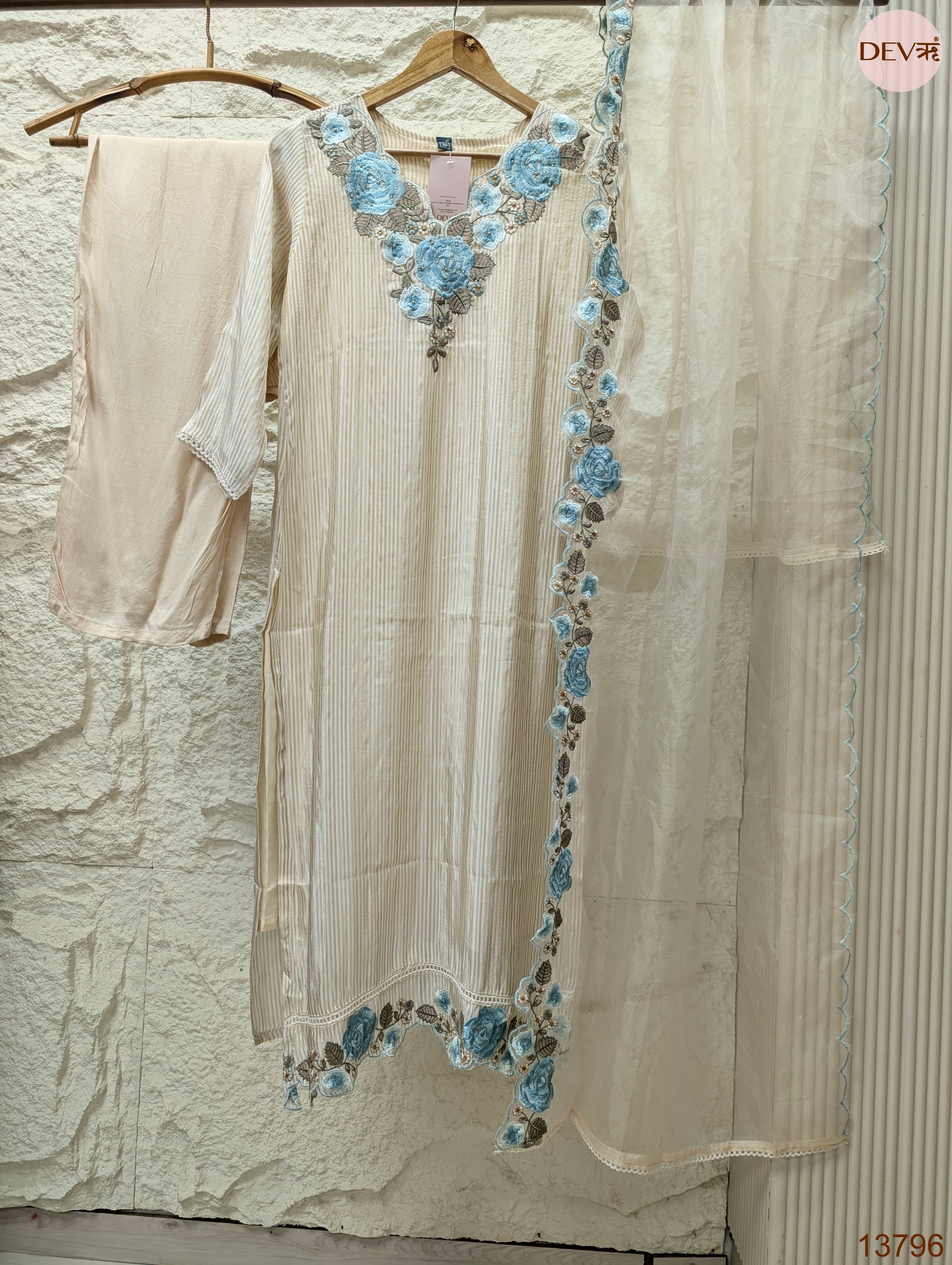 Gulnaar Tissue silk Embroidered Ivory 3-Piece Set (Devri – D.No 13796)