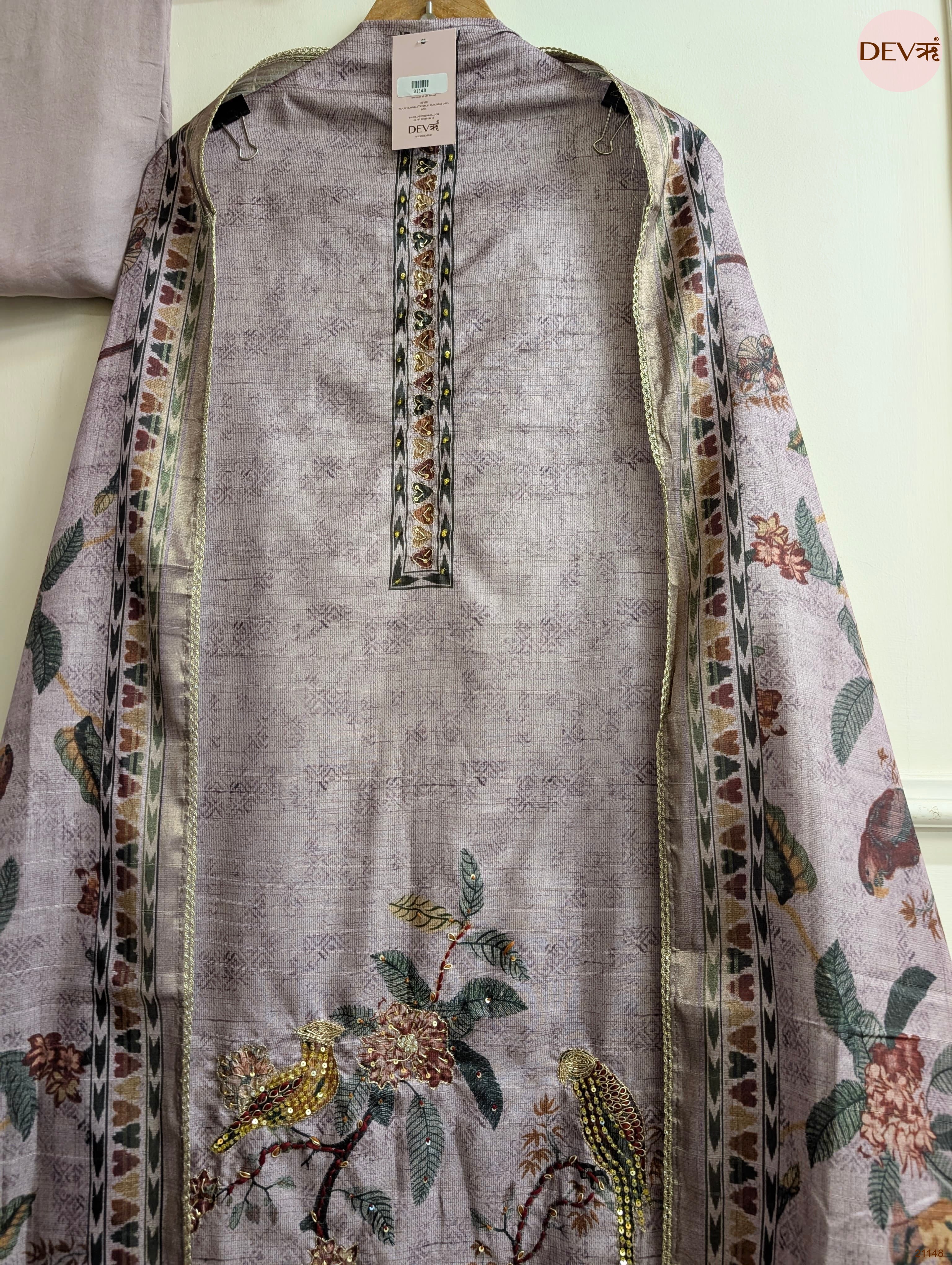Lavender Mul Chanderi Silk Printed Unstitched 3-Piece Suit (Devri – D.No 21148)