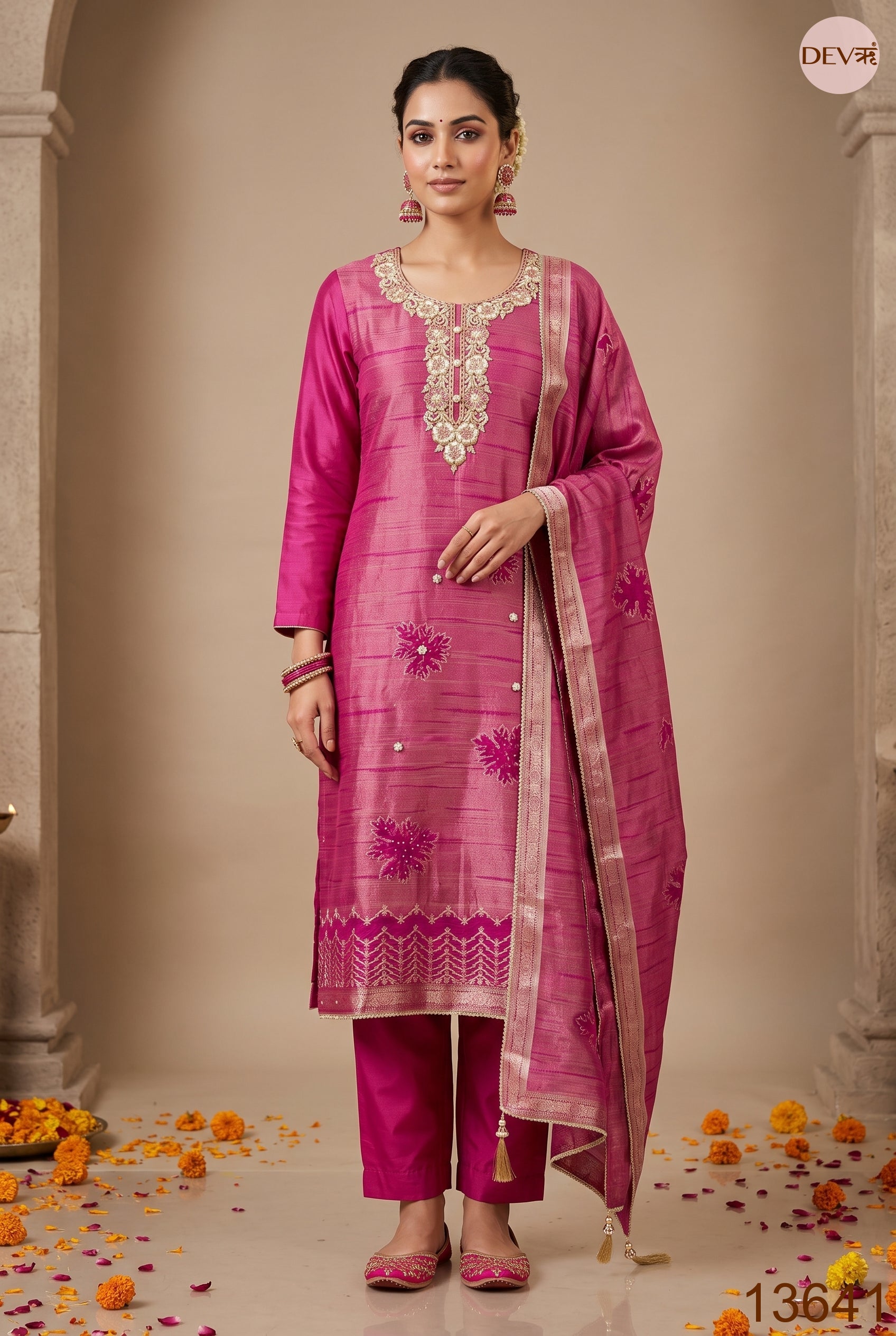 Pink Pure Giraffe Banarasi Silk Embroidered Unstitched 3-Piece Suit (Devri – D.No 13641)