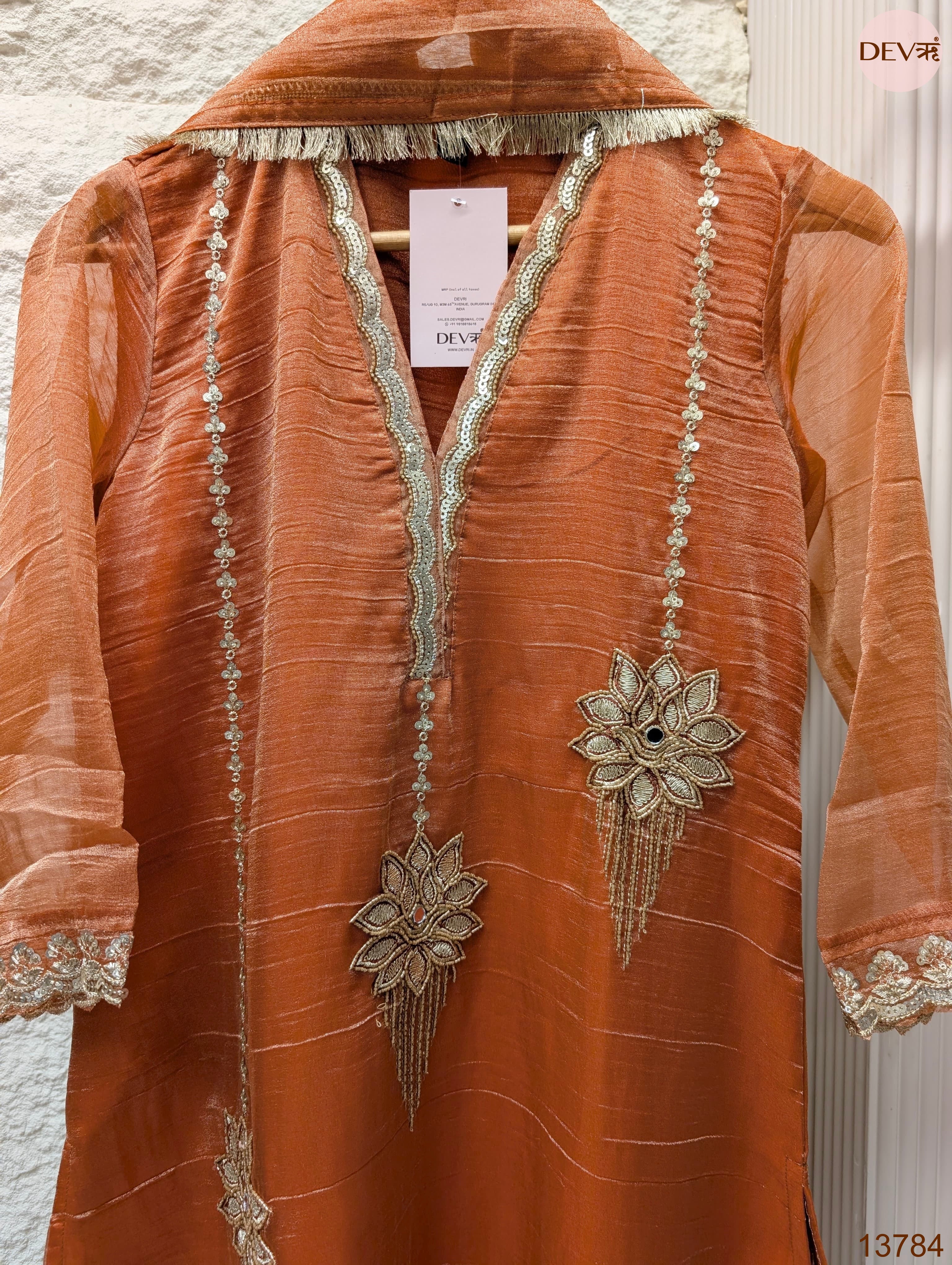 Gulnaar Tissue Silk Embroidered Rust 3-Piece Set (Devri – D.No 13784)