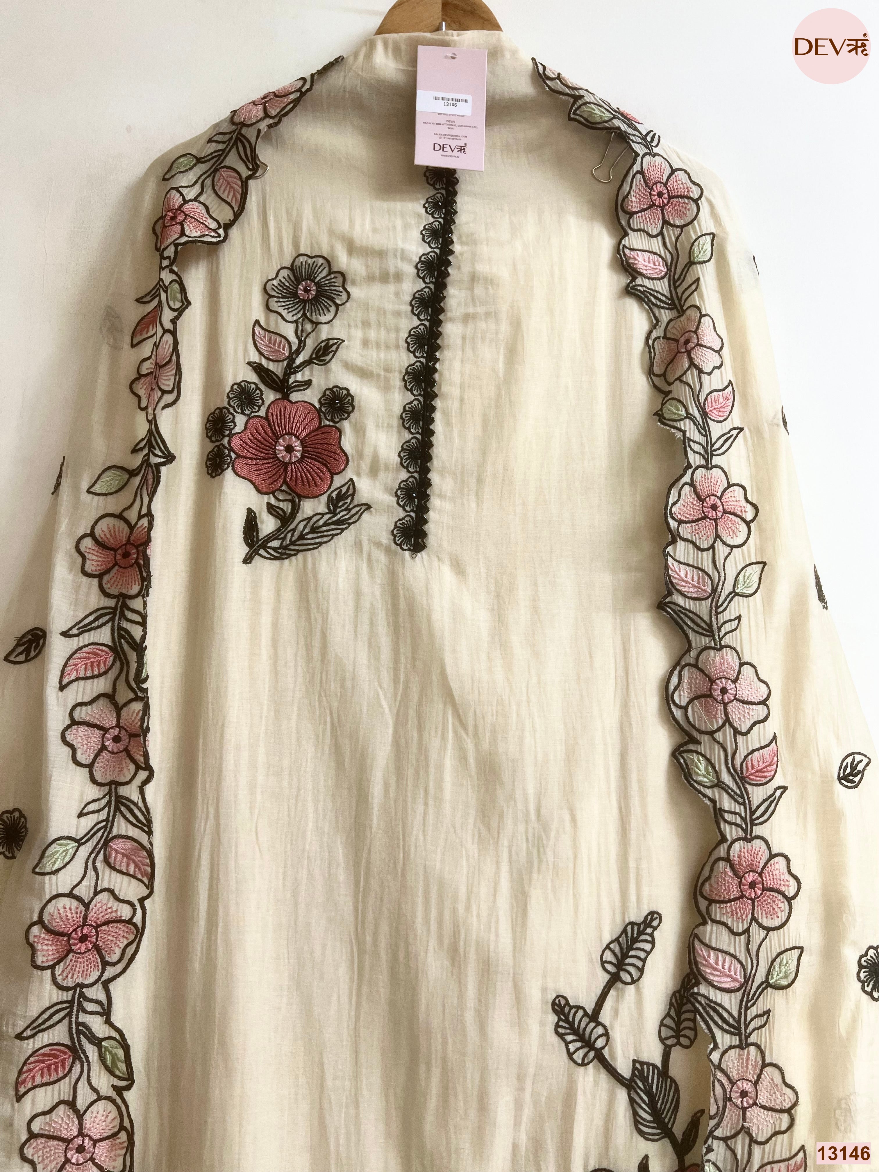 Cream Mul Chanderi Embroidered Unstitched 3-Piece Suit (Devri – D.No 13146)