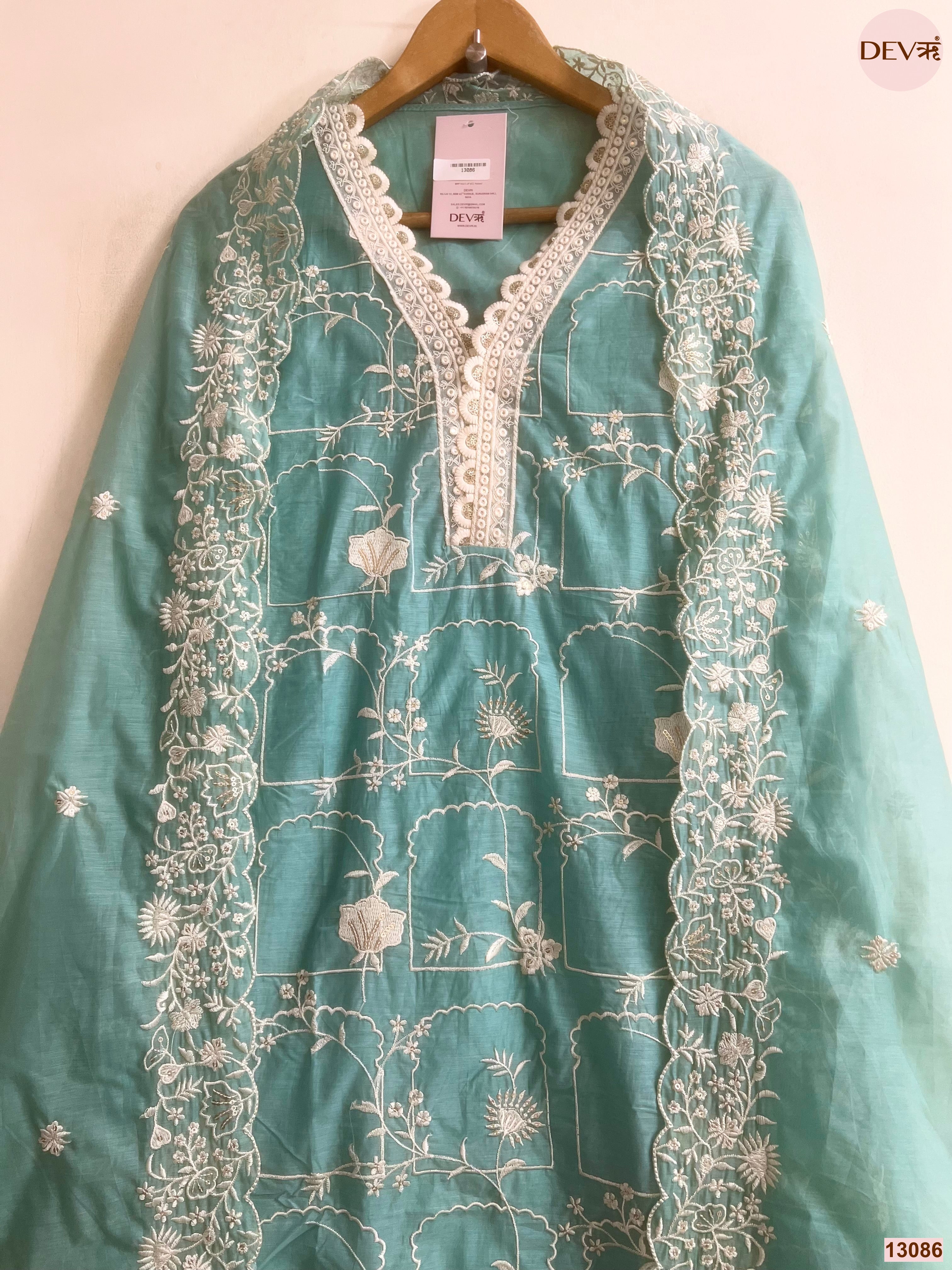 Aqua Mul Chanderi Embroidered Unstitched 3-Piece Suit (Devri – D.No 13086)