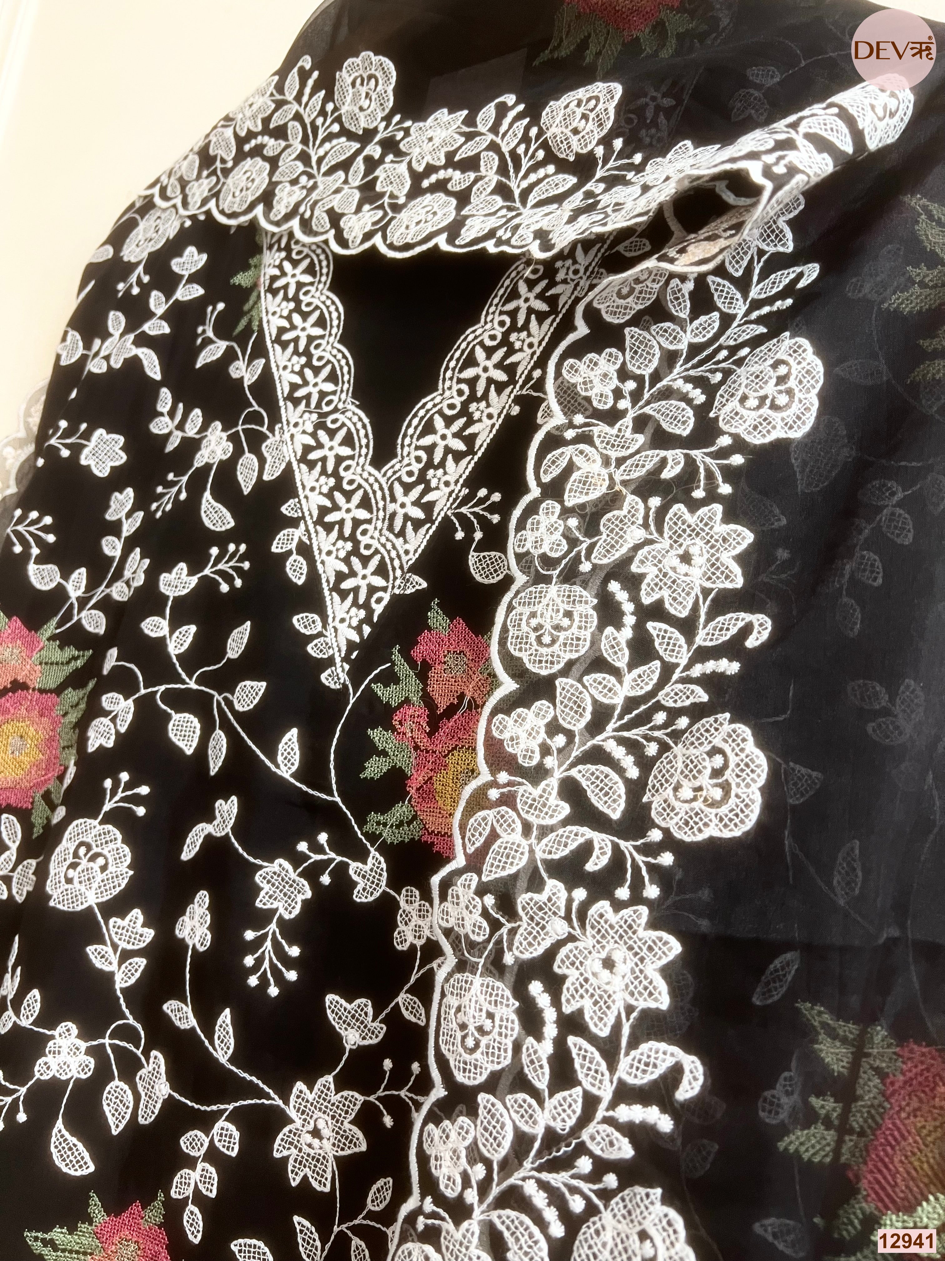 Black Organza Embroidered Unstitched 3-Piece Suit (Devri – D.No 12941)