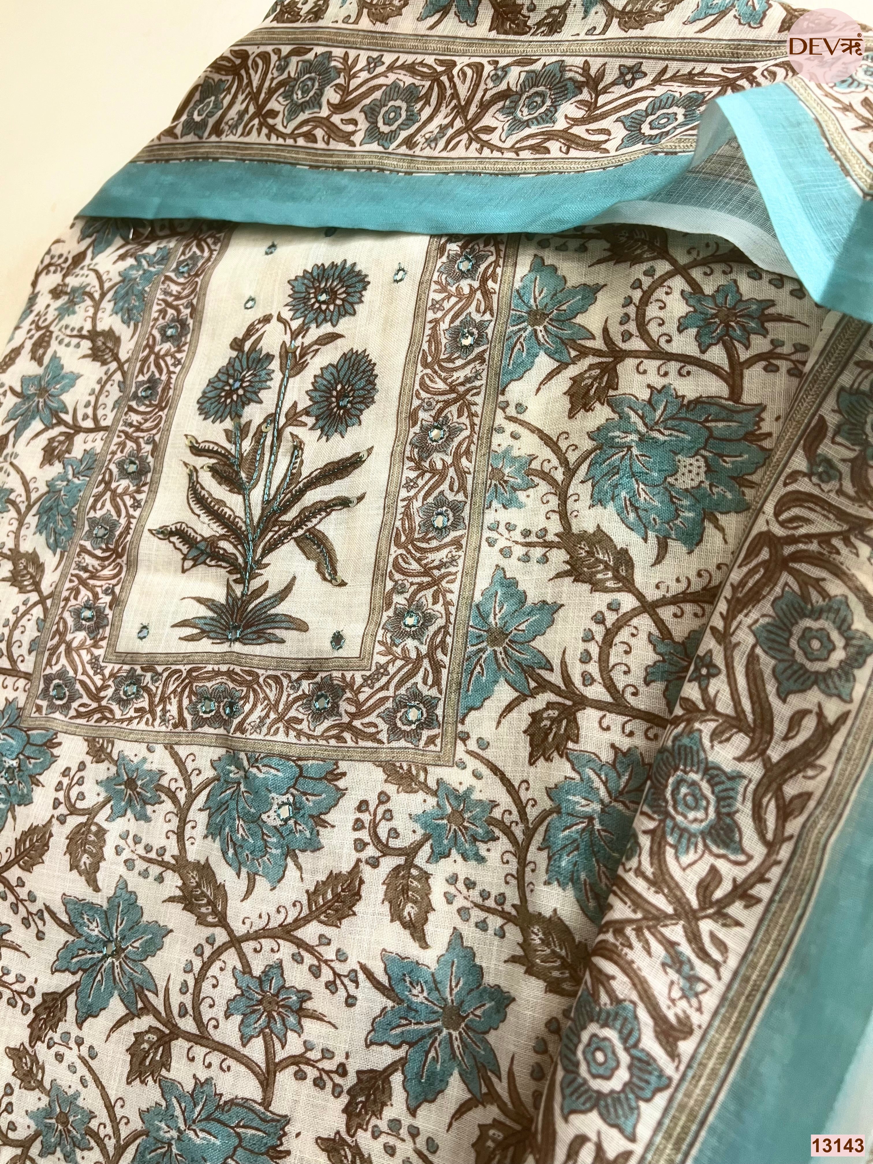 Teal Linen Printed Unstitched 3-Piece Suit (Devri – D.No 13143)