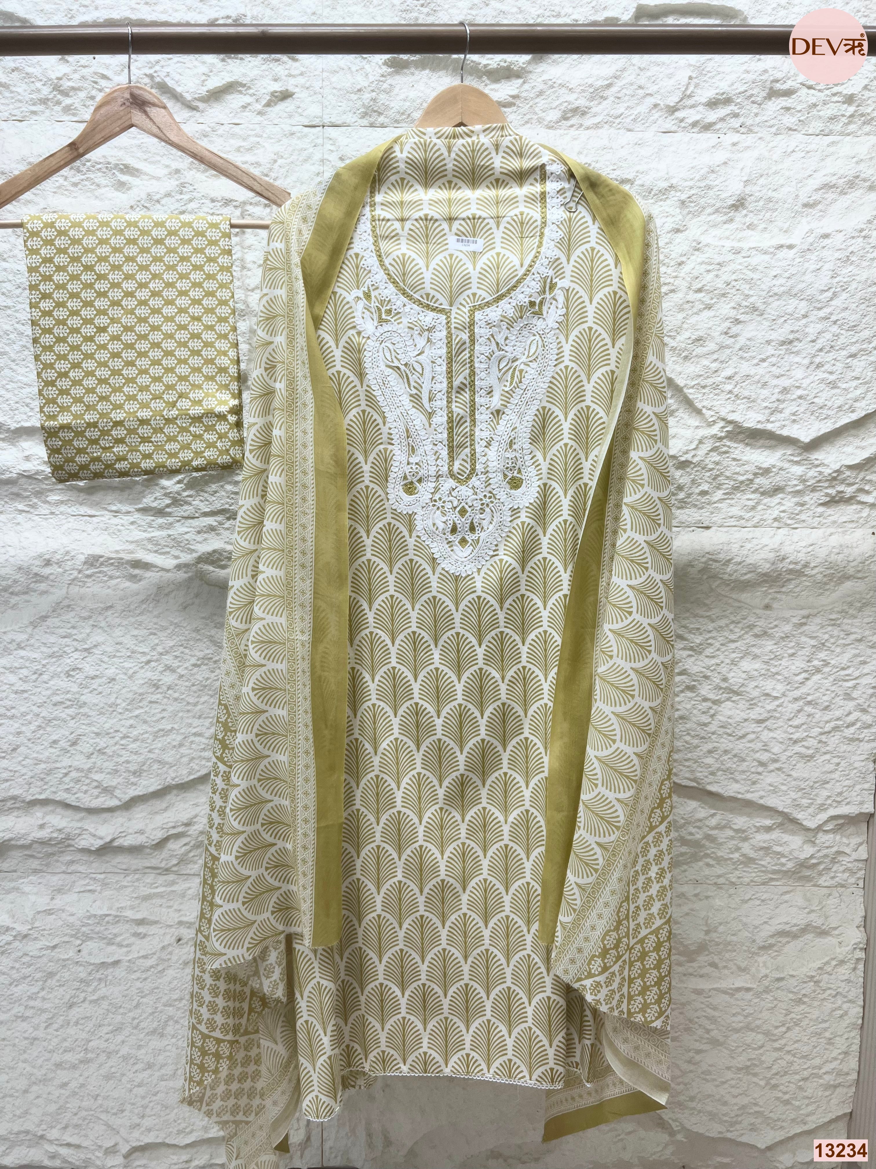Olive Cotton Printed Unstitched 3-Piece Suit (Devri – D.No 13234)