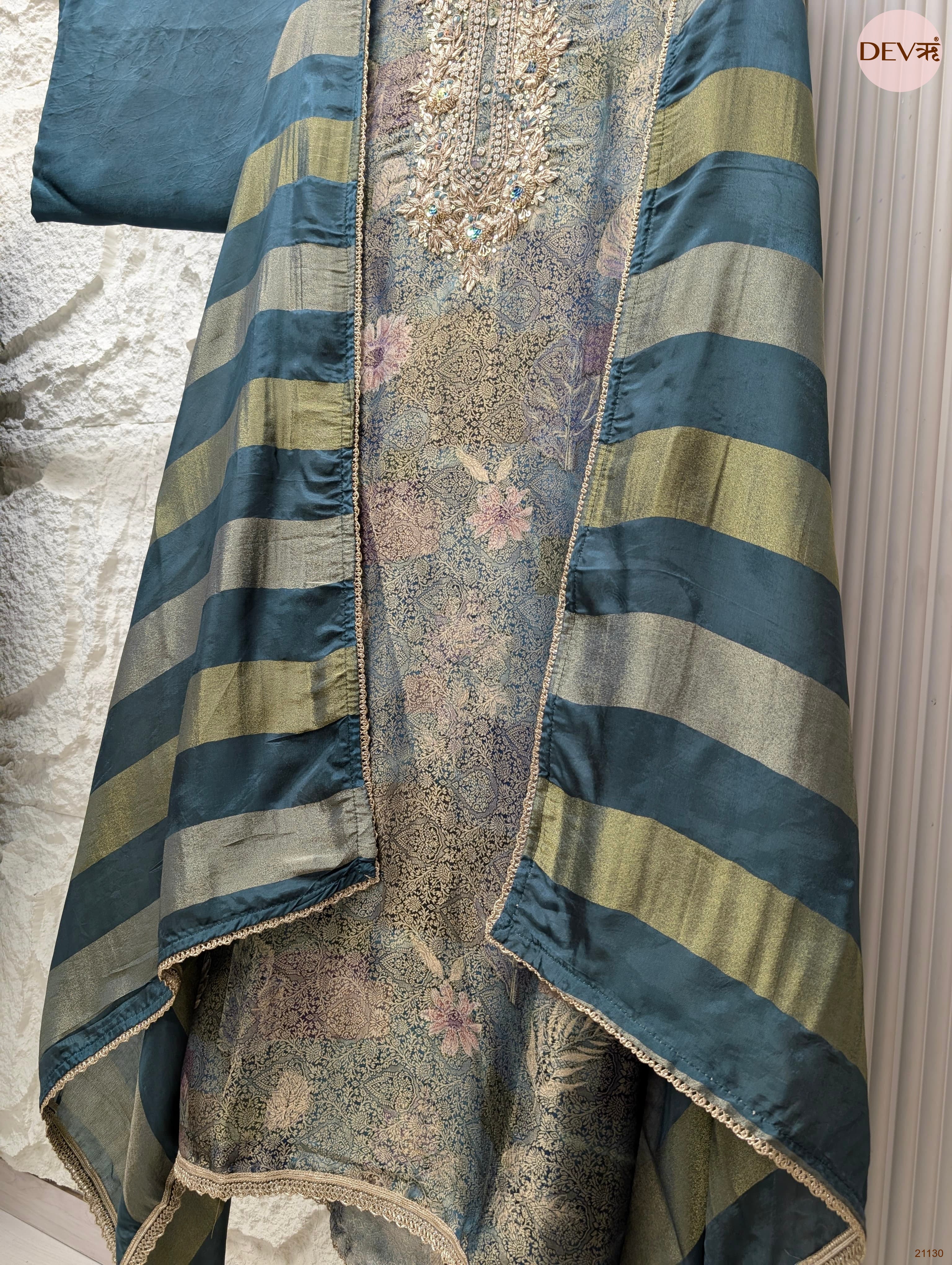 Teal Pure Banarasi Woven Silk Embroidered Unstitched 3-Piece Suit (Devri – D.No 21130)
