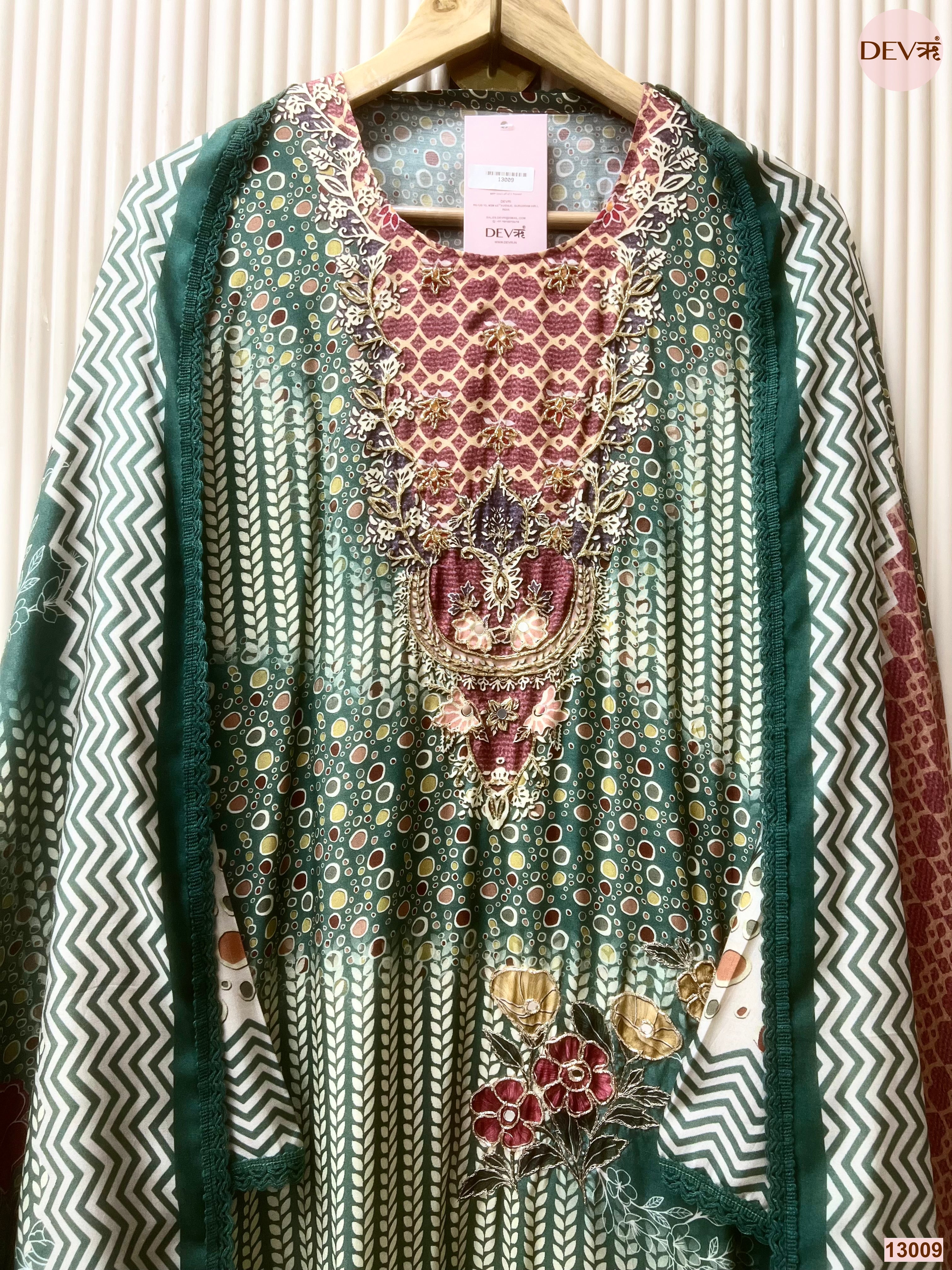 Green Muslin Printed Unstitched 3-Piece Suit (Devri – D.No 13009)