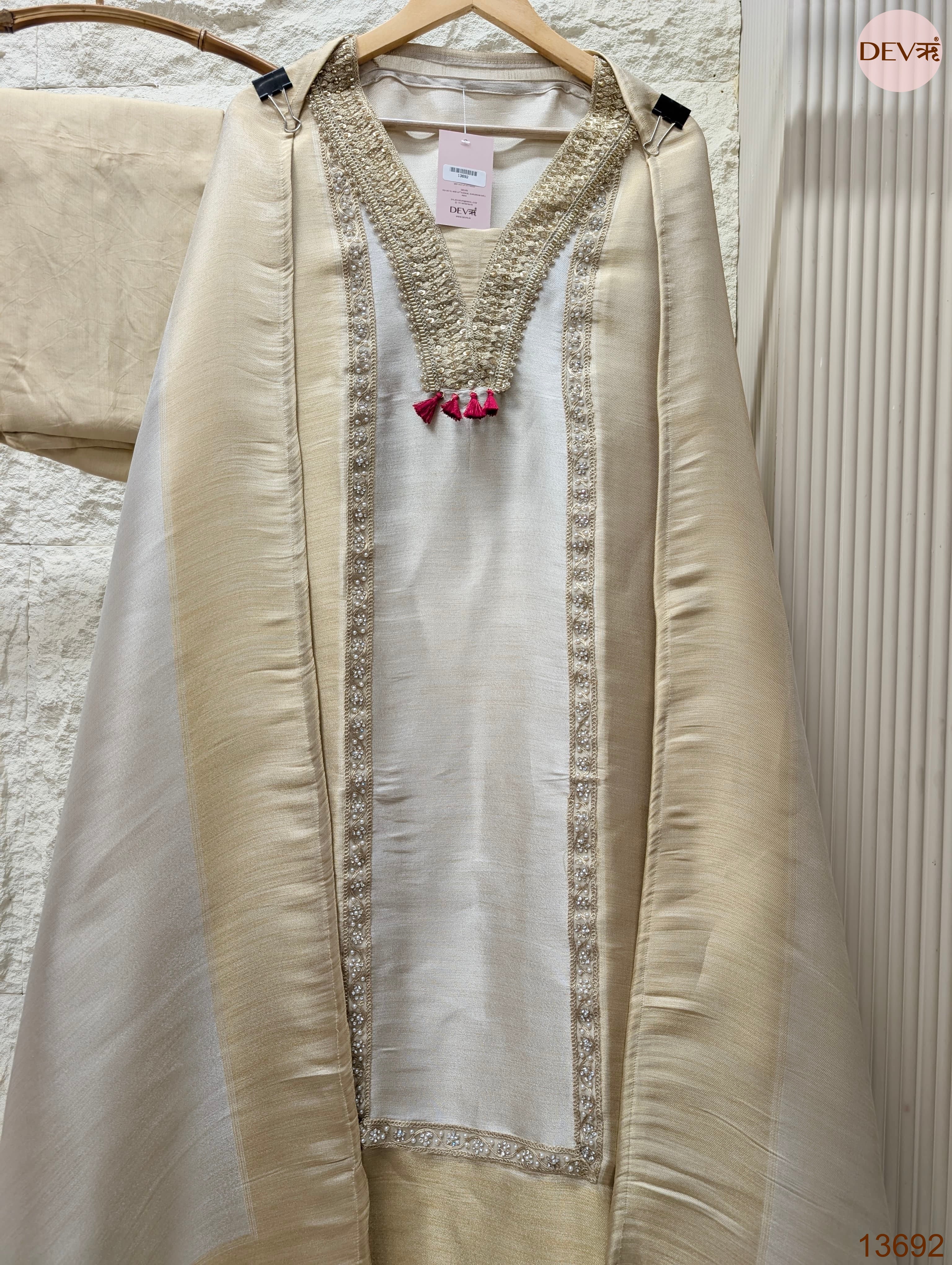 Cream Tissue Slik Embroidered Unstitched 3-Piece Suit (Devri – D.No 13692)