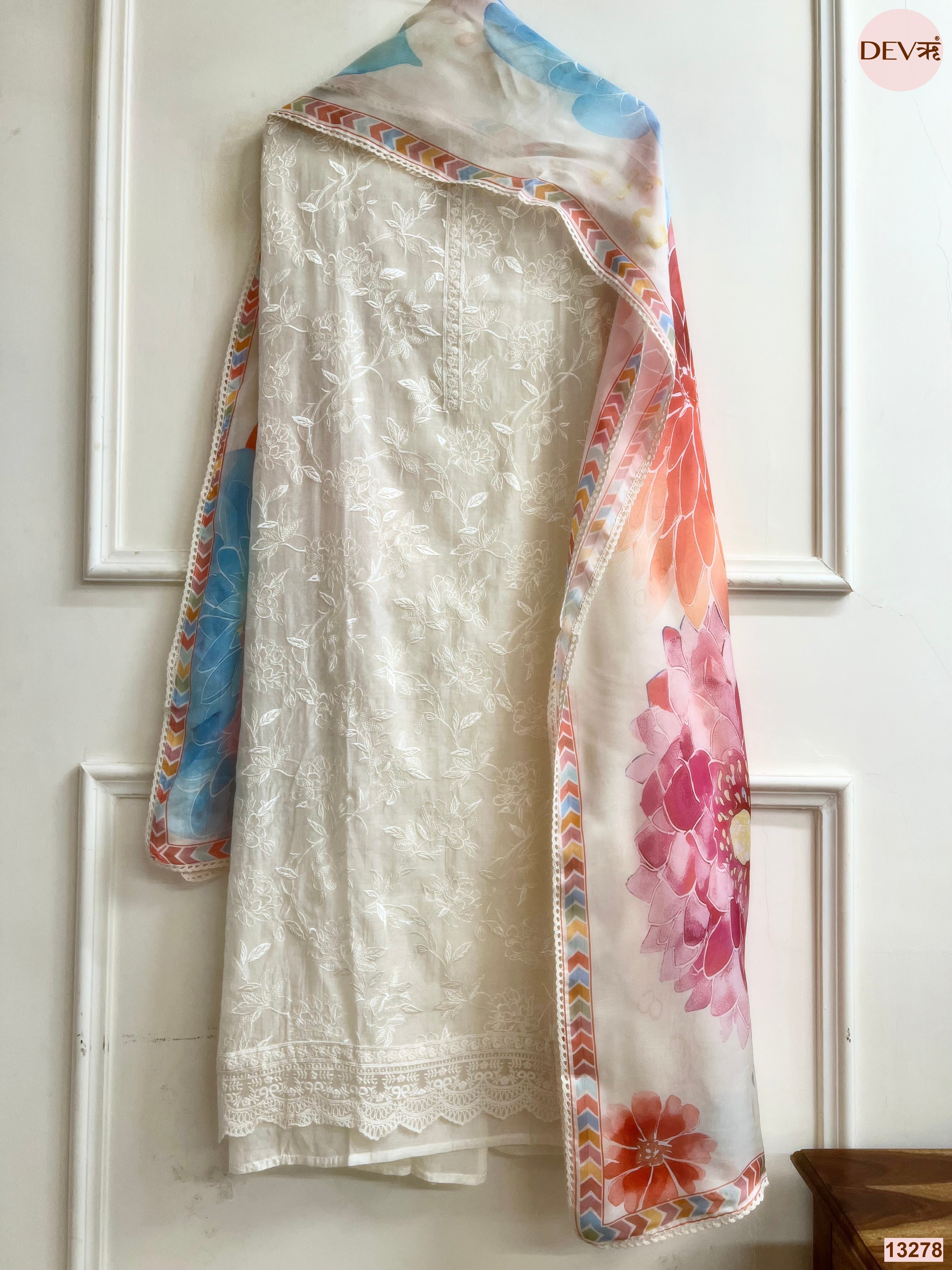 Cream Mul Chanderi Embroidered Unstitched 3-Piece Suit (Devri – D.No 13278)