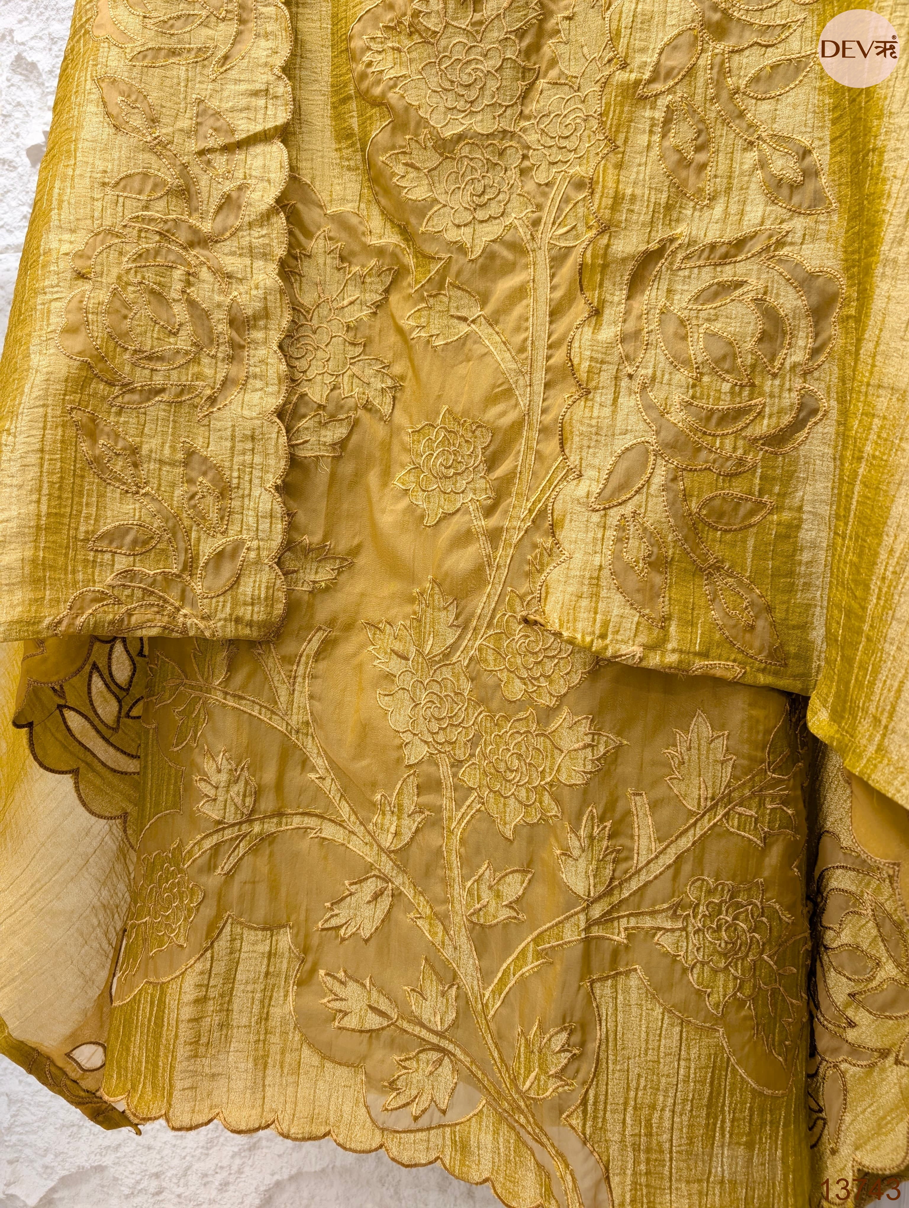Mustard Tissue Crush Silk Embroidered Unstitched 3-Piece Suit (Devri – D.No 13743)