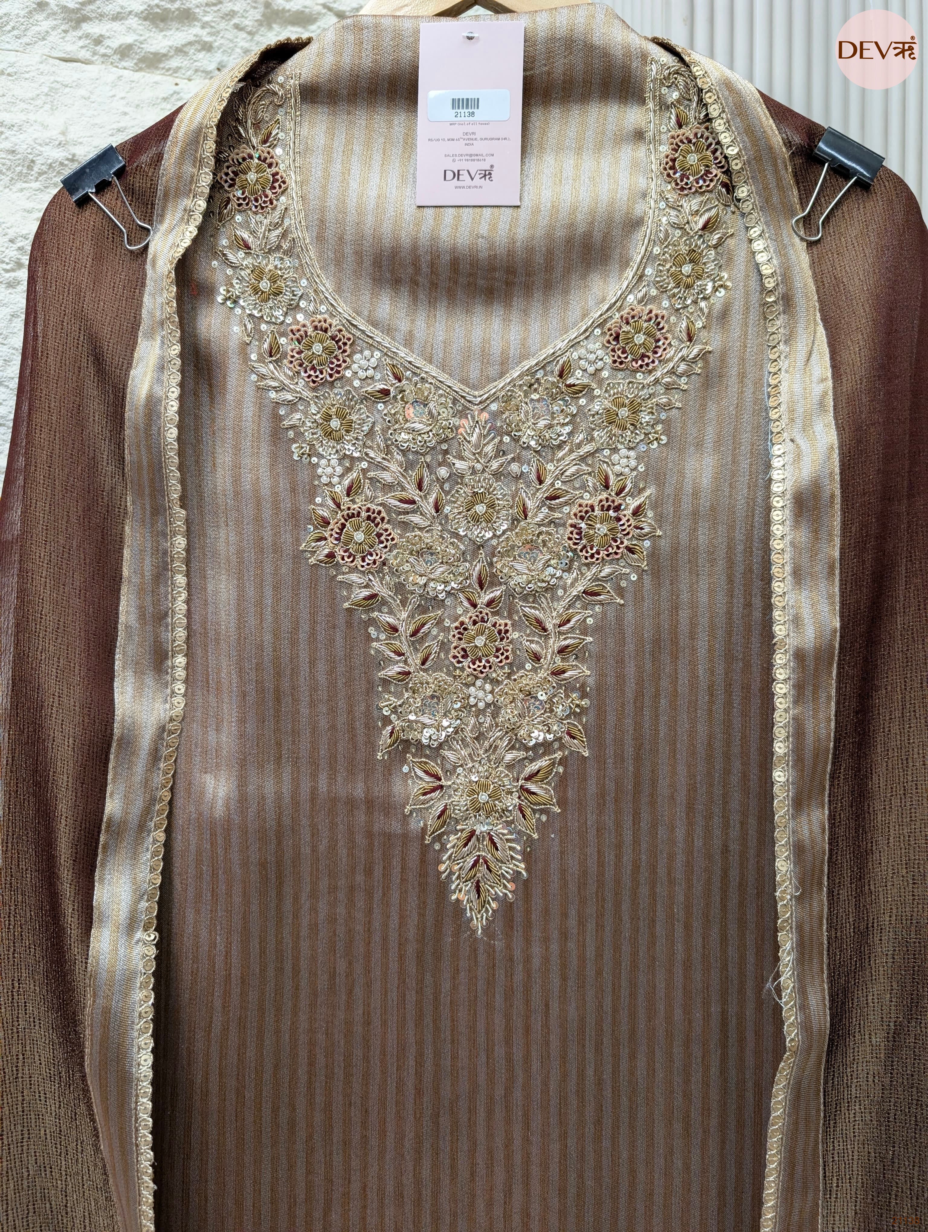 Brown Pure Tissue Silk Embroidered Unstitched 3-Piece Suit (Devri – D.No 21138)