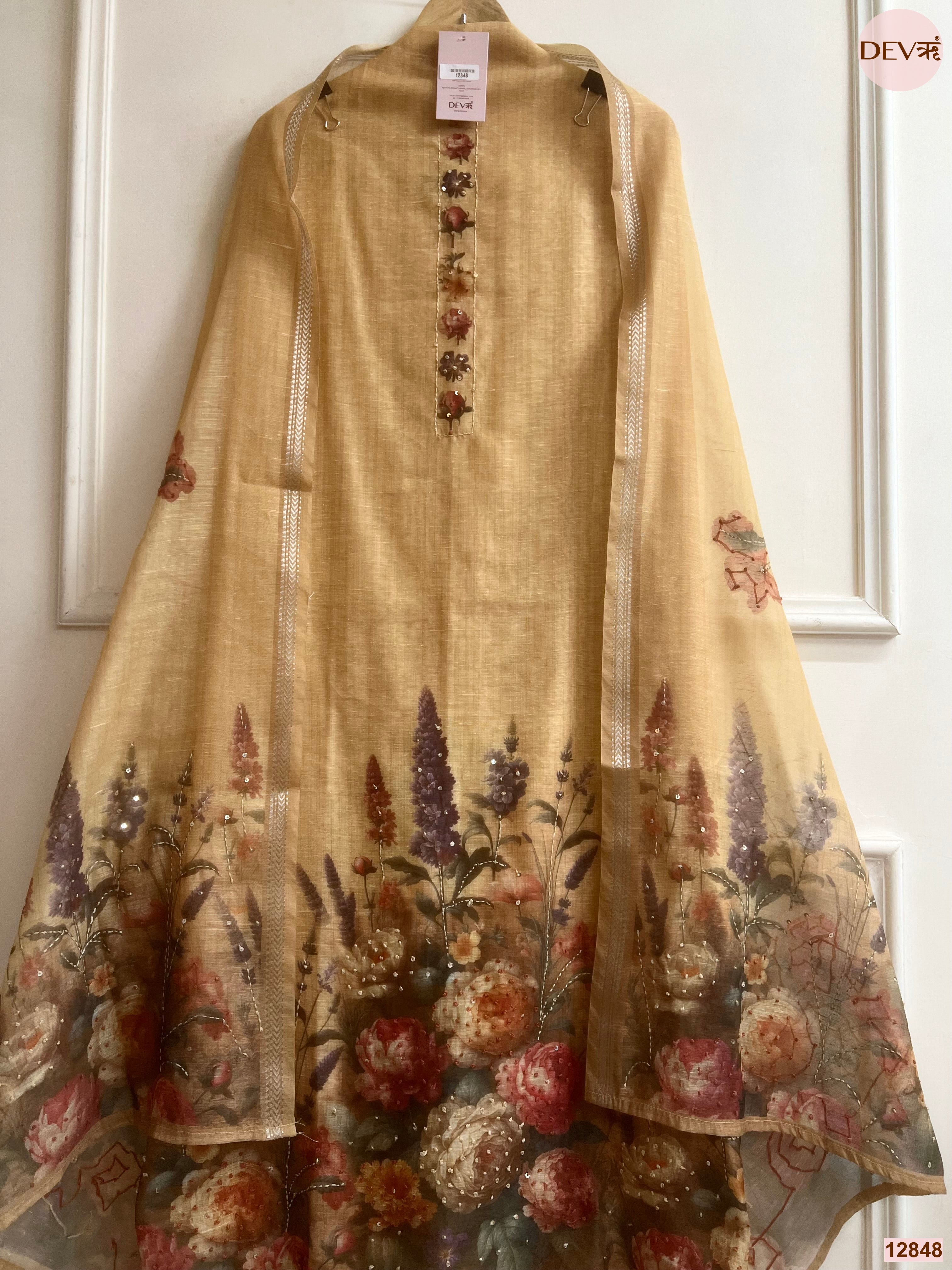 Beige Mul Chanderi Printed Unstitched 3-Piece Suit (Devri – D.No 12848)