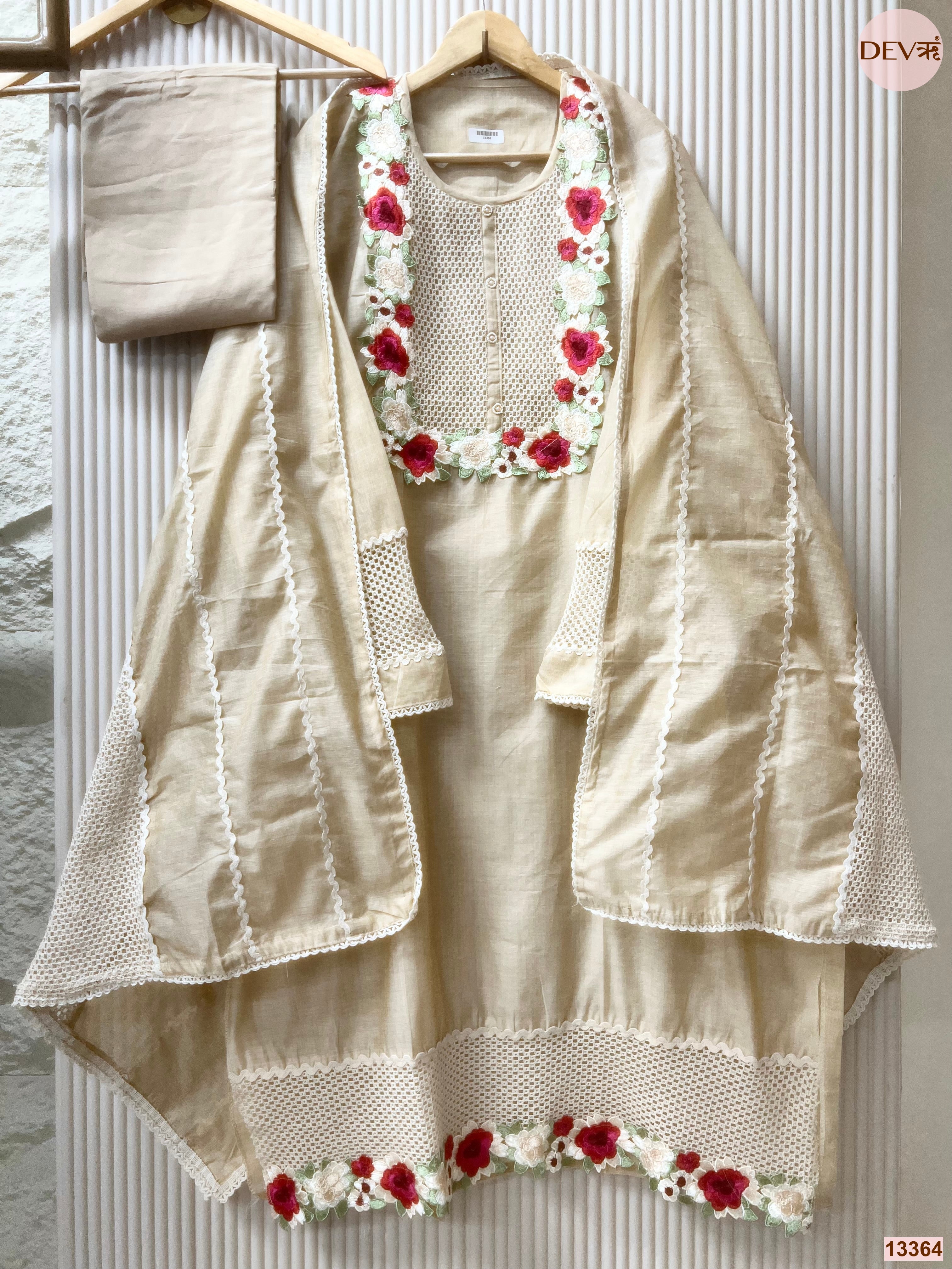 Beige Mul Chanderi Embroidered Unstitched 3-Piece Suit (Devri – D.No 13364)