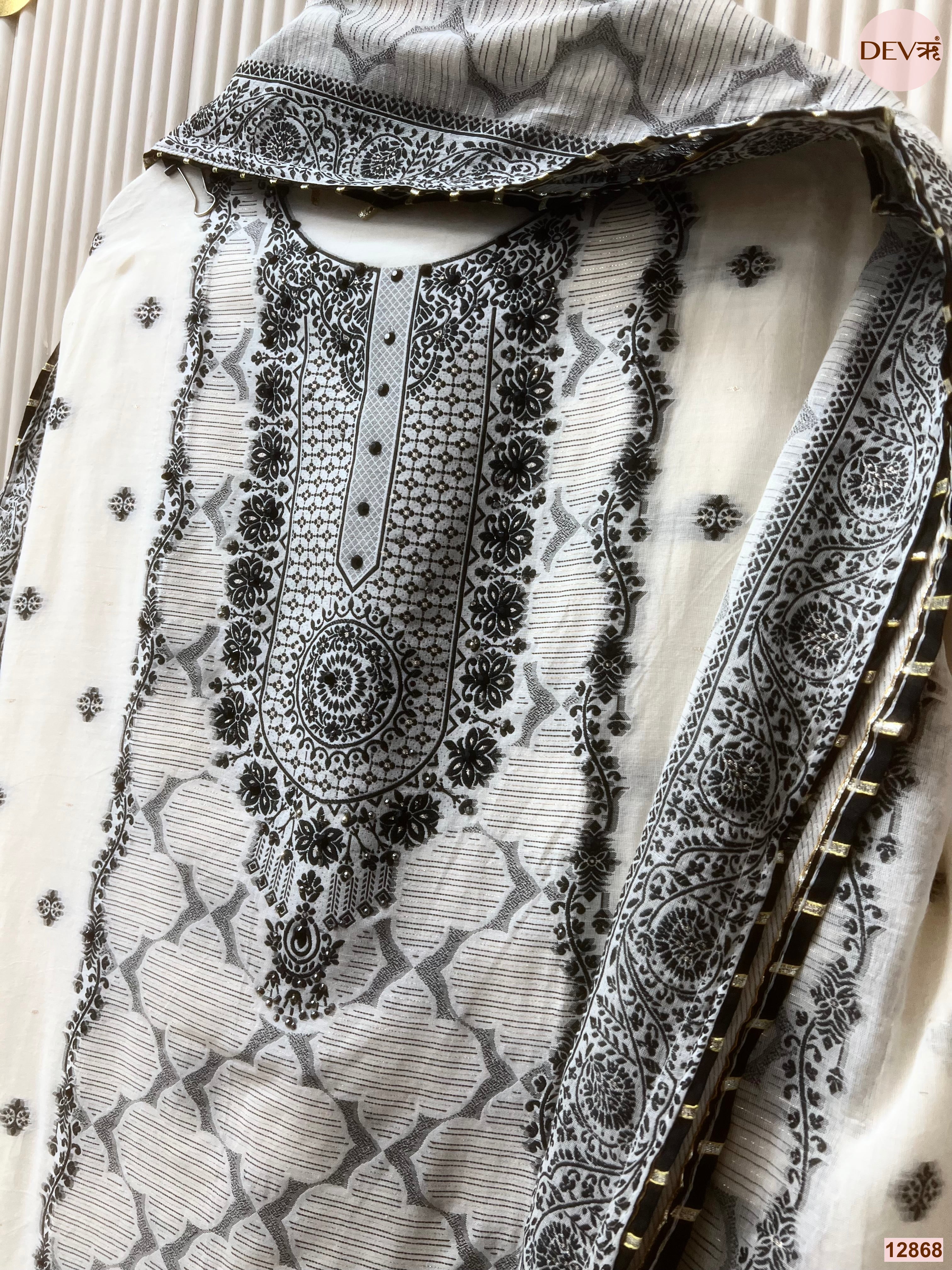 White Jamdani Cotton Printed Unstitched 3-Piece Suit (Devri – D.No 12868)