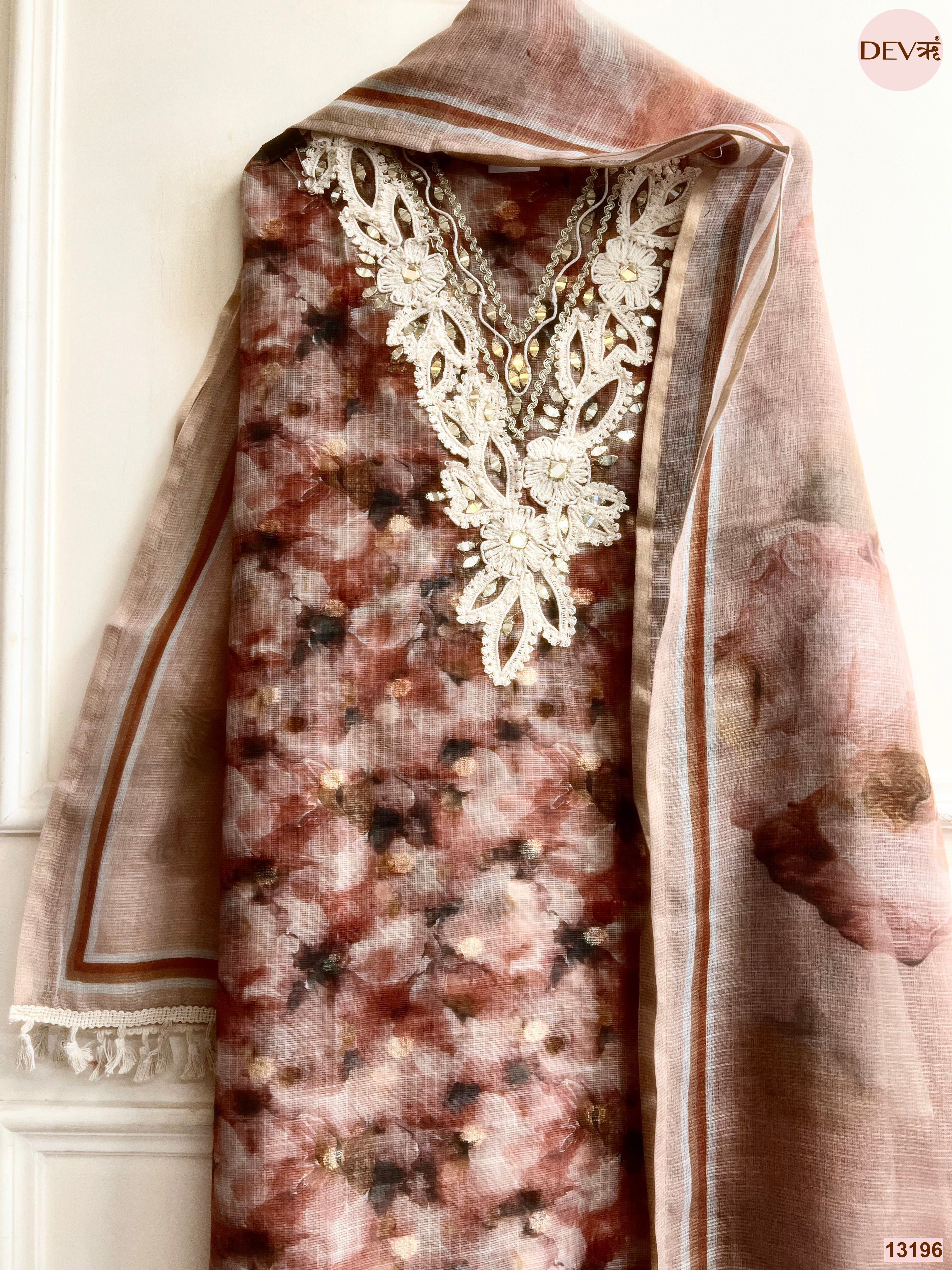 Brown Kota Zari Printed Unstitched 3-Piece Suit (Devri – D.No 13196)