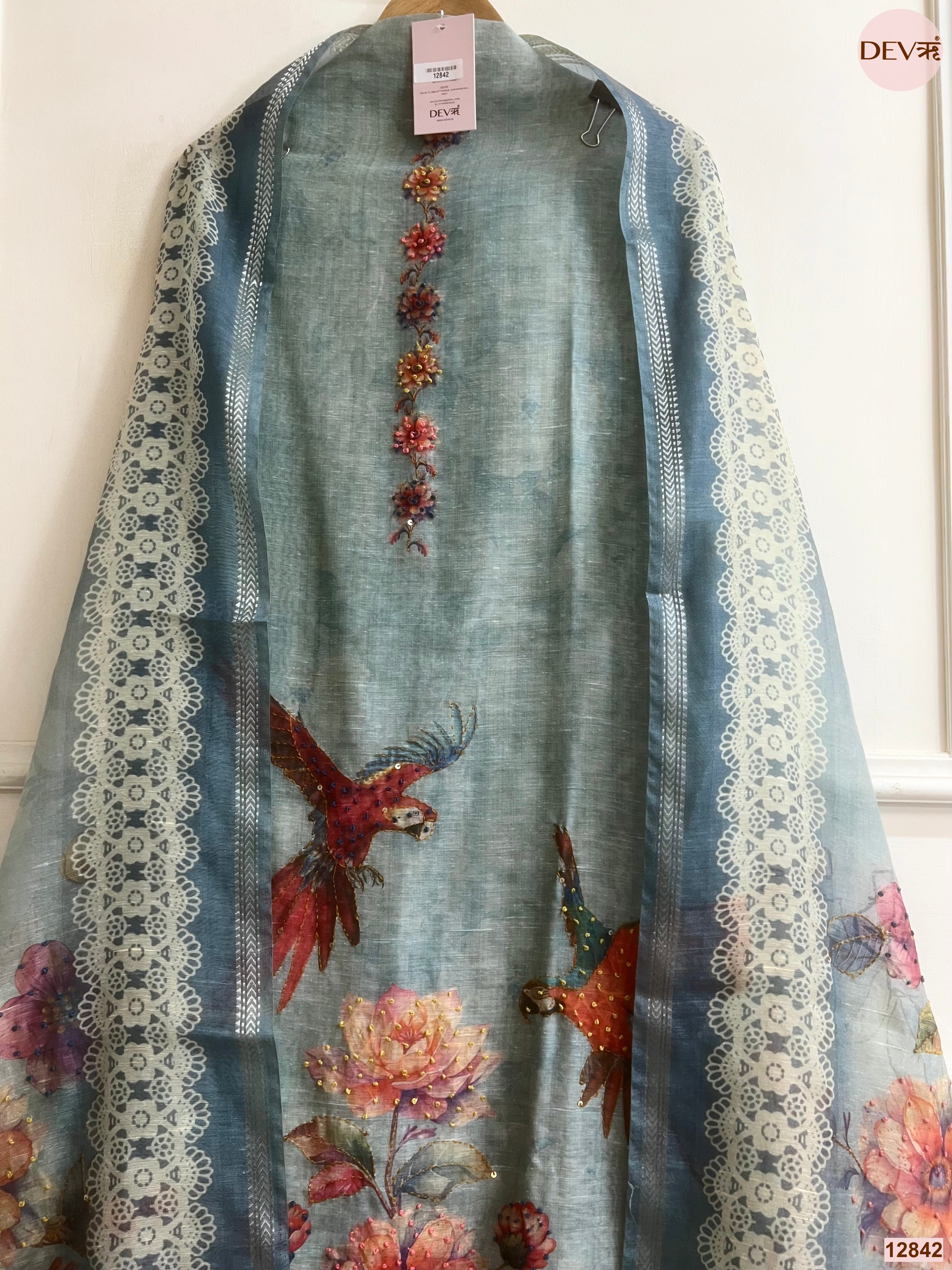 Blue Mul Chanderi Printed Unstitched 3-Piece Suit (Devri – D.No 12842)