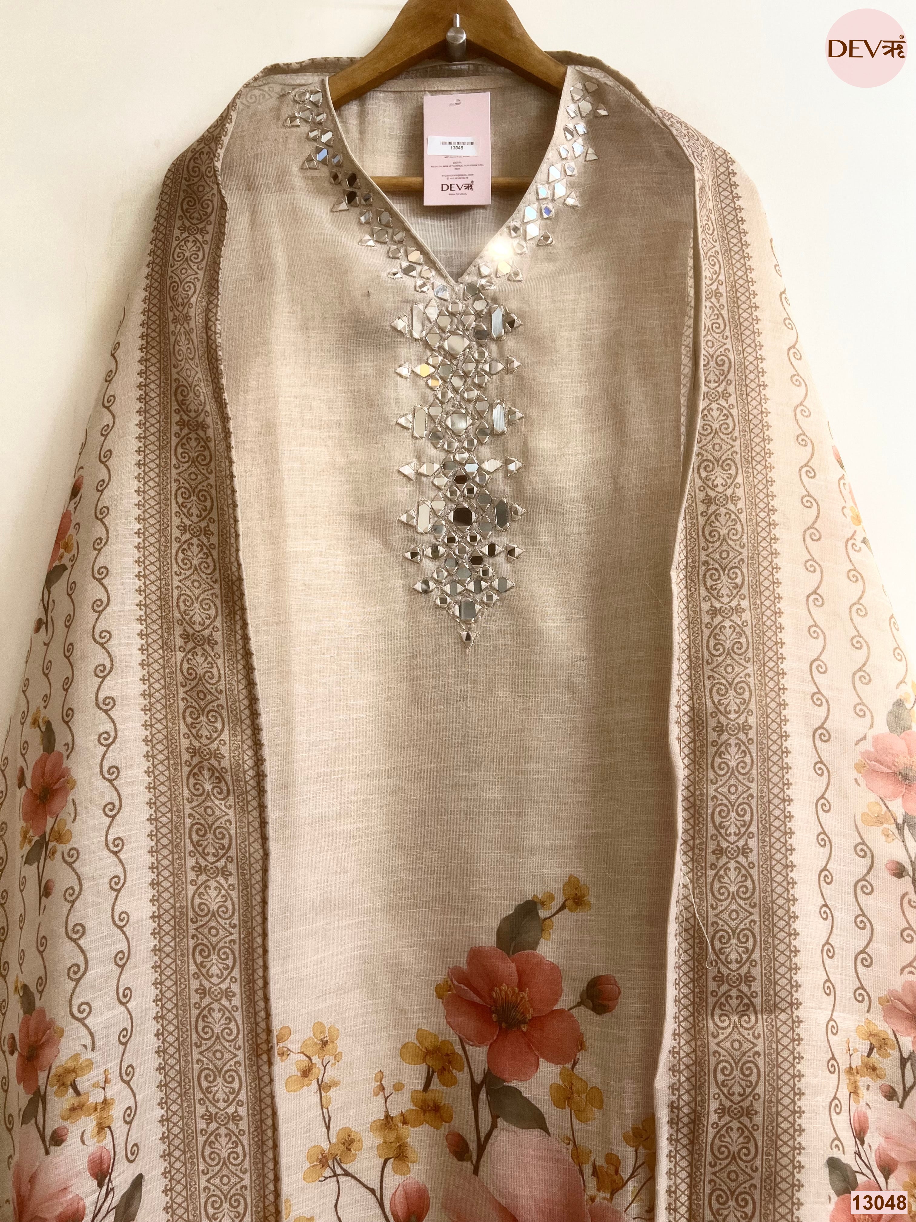 Beige Linen Printed Unstitched 3-Piece Suit (Devri – D.No 13048)