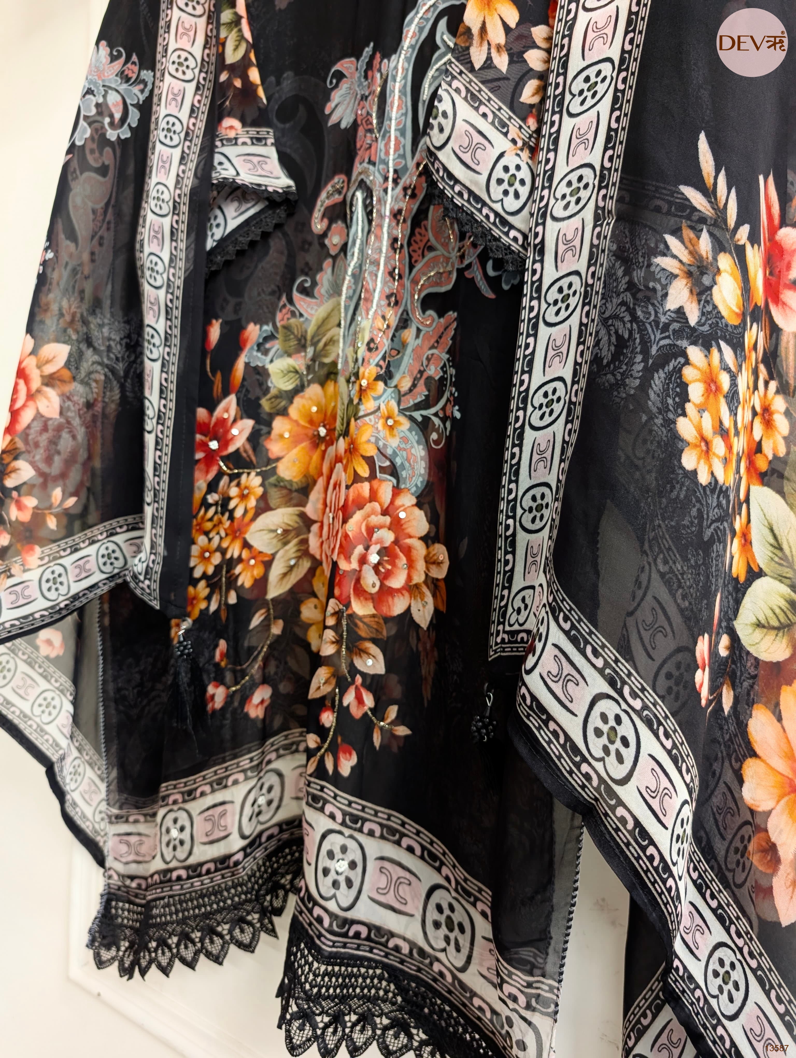 Black Organza Printed Unstitched 3-Piece Suit (Devri – D.No 13587)