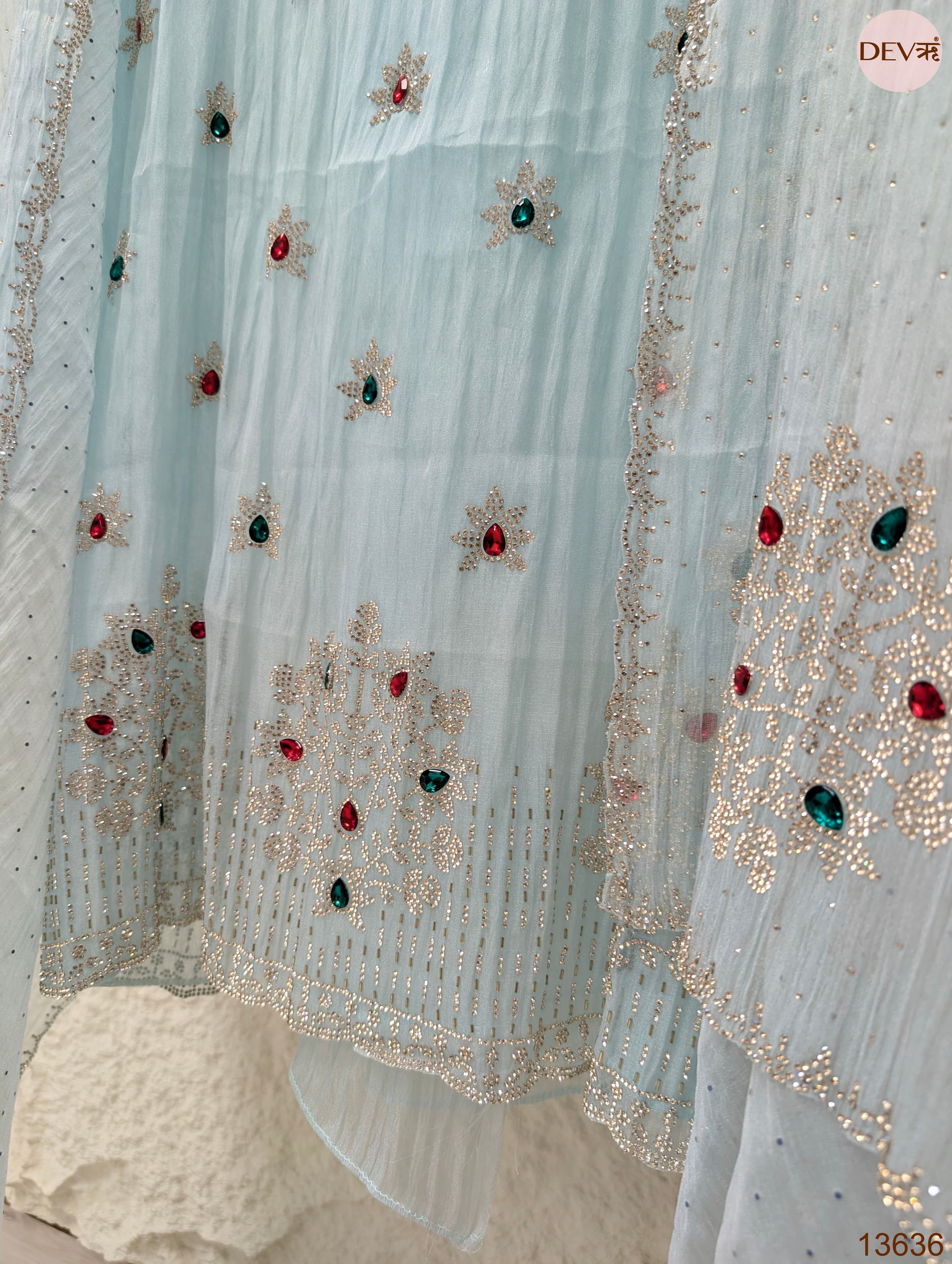 Blue Pure Organza Silk Hand Unstitched 3-Piece Suit (Devri – D.No 13636)