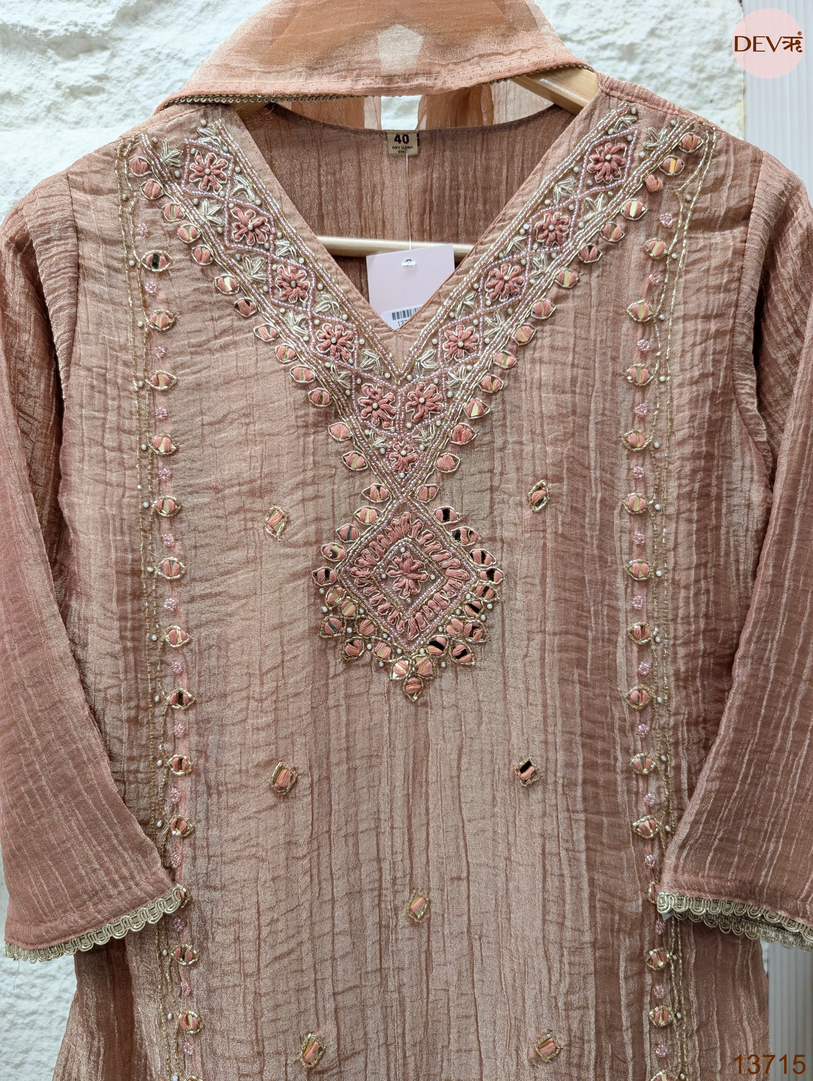 Gulnaar Tissue silk Embroidered Blush Pink 3-Piece Set (Devri – D.No 13715)