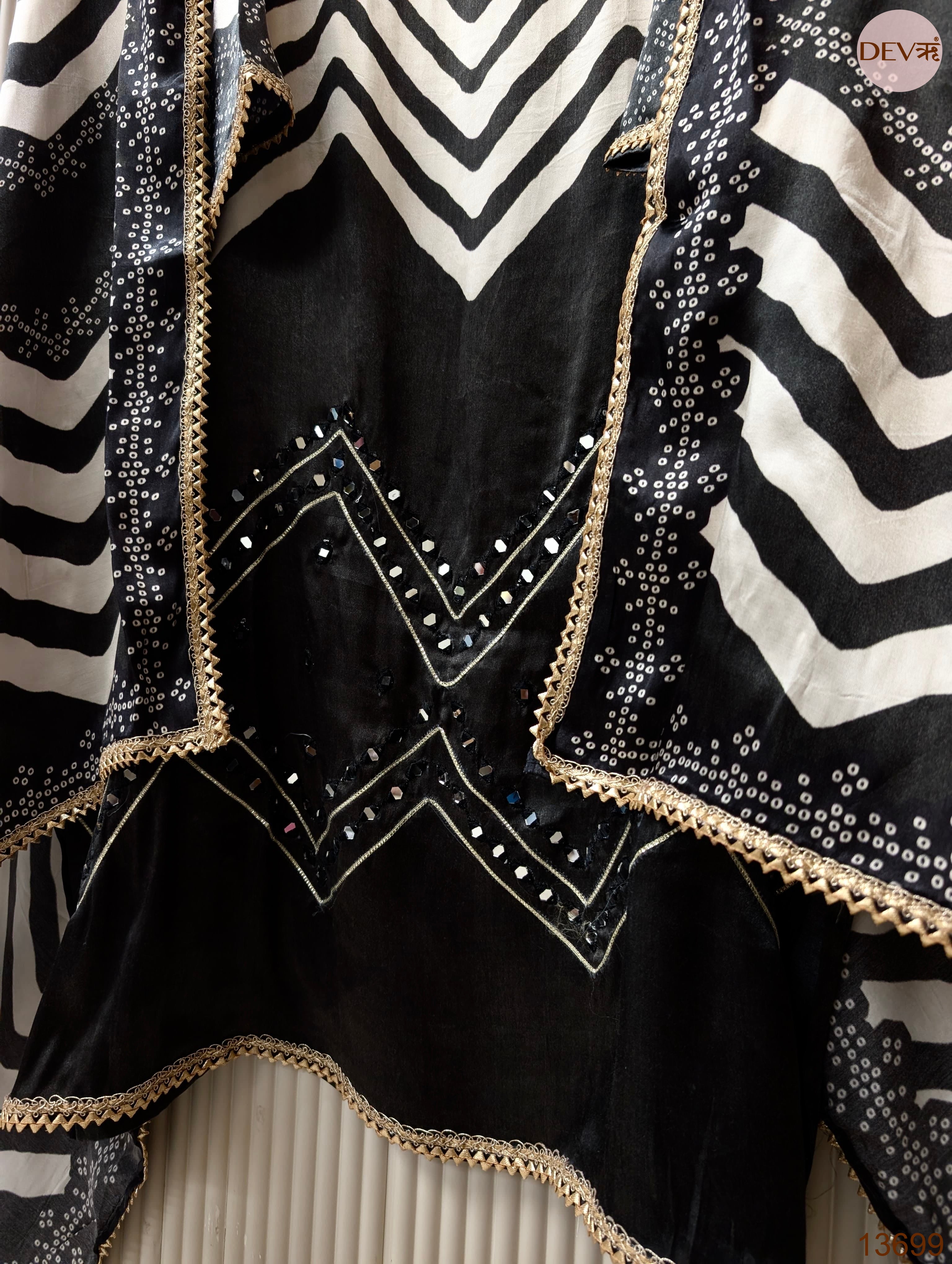 Black Pure Gajji Silk Printed Unstitched 3-Piece Suit (Devri – D.No 13699)