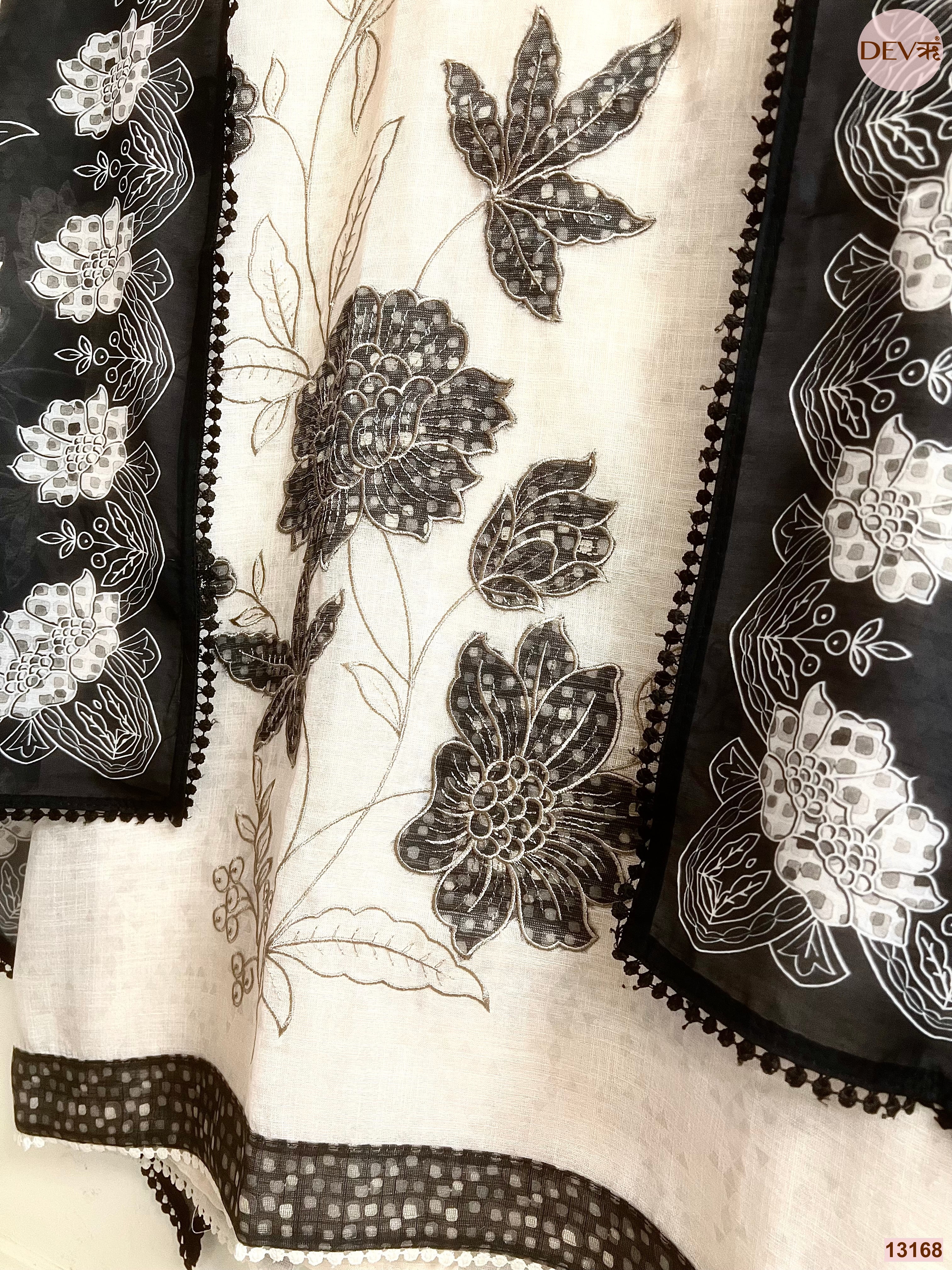 Cream Linen Cotton Printed Unstitched 3-Piece Suit (Devri – D.No 13168)