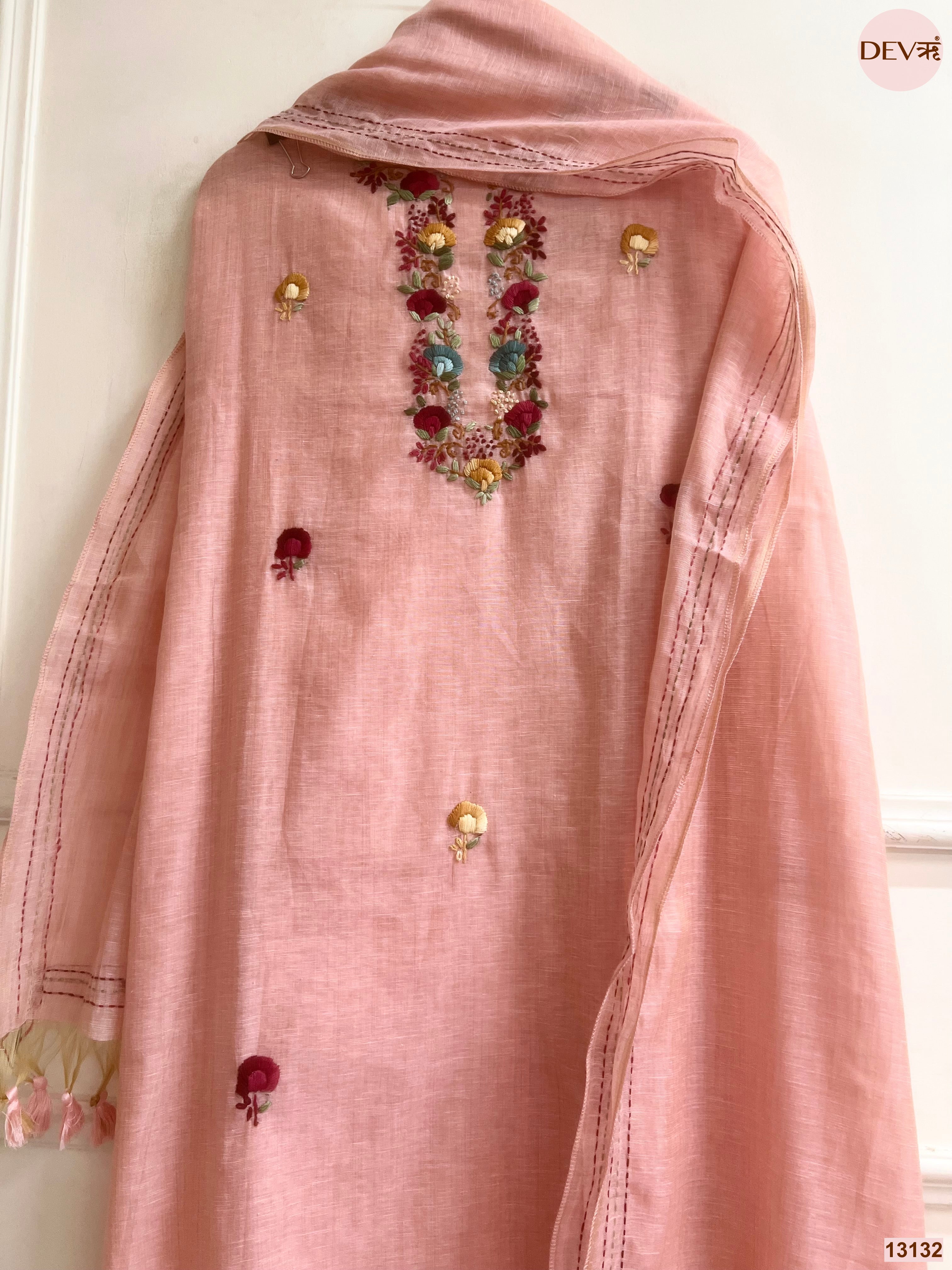 Peach Jamdani Cotton Embroidered Unstitched 3-Piece Suit (Devri – D.No 13132)