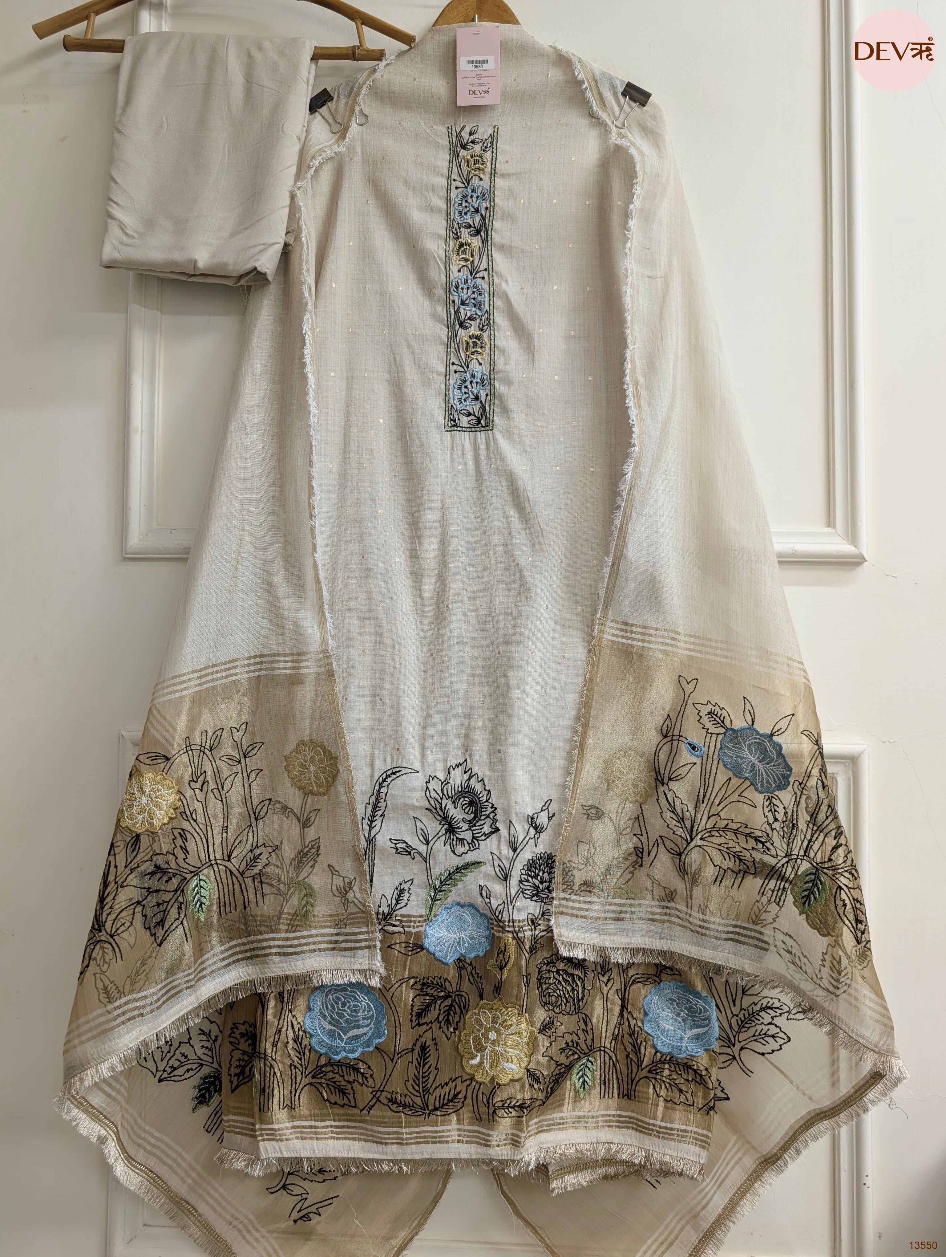 Beige Mul Chanderi Embroidered Unstitched 3-Piece Suit (Devri – D.No 13550)