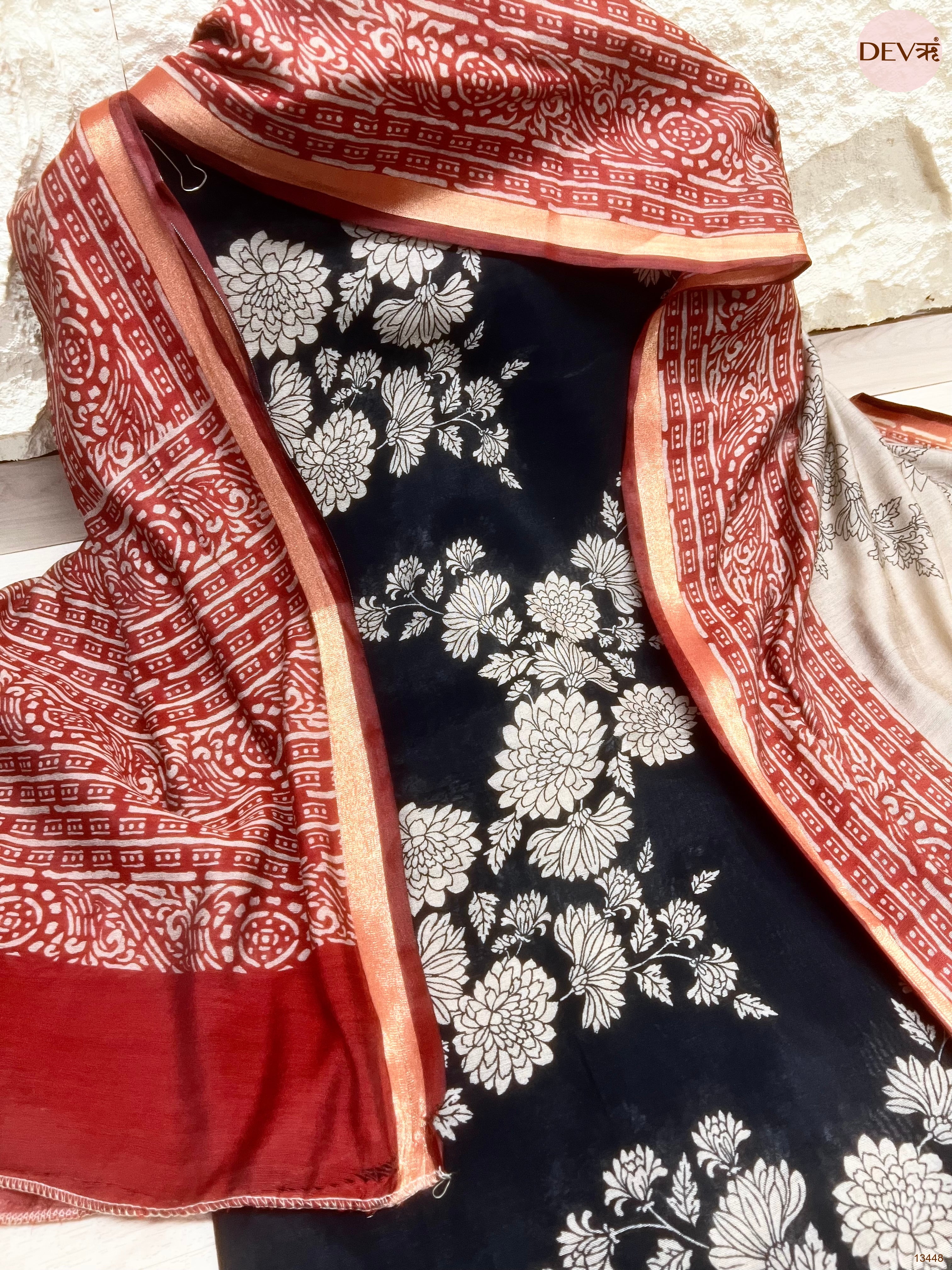 Black Maheshwari Silk Printed Unstitched 3-Piece Suit (Devri – D.No 13448)