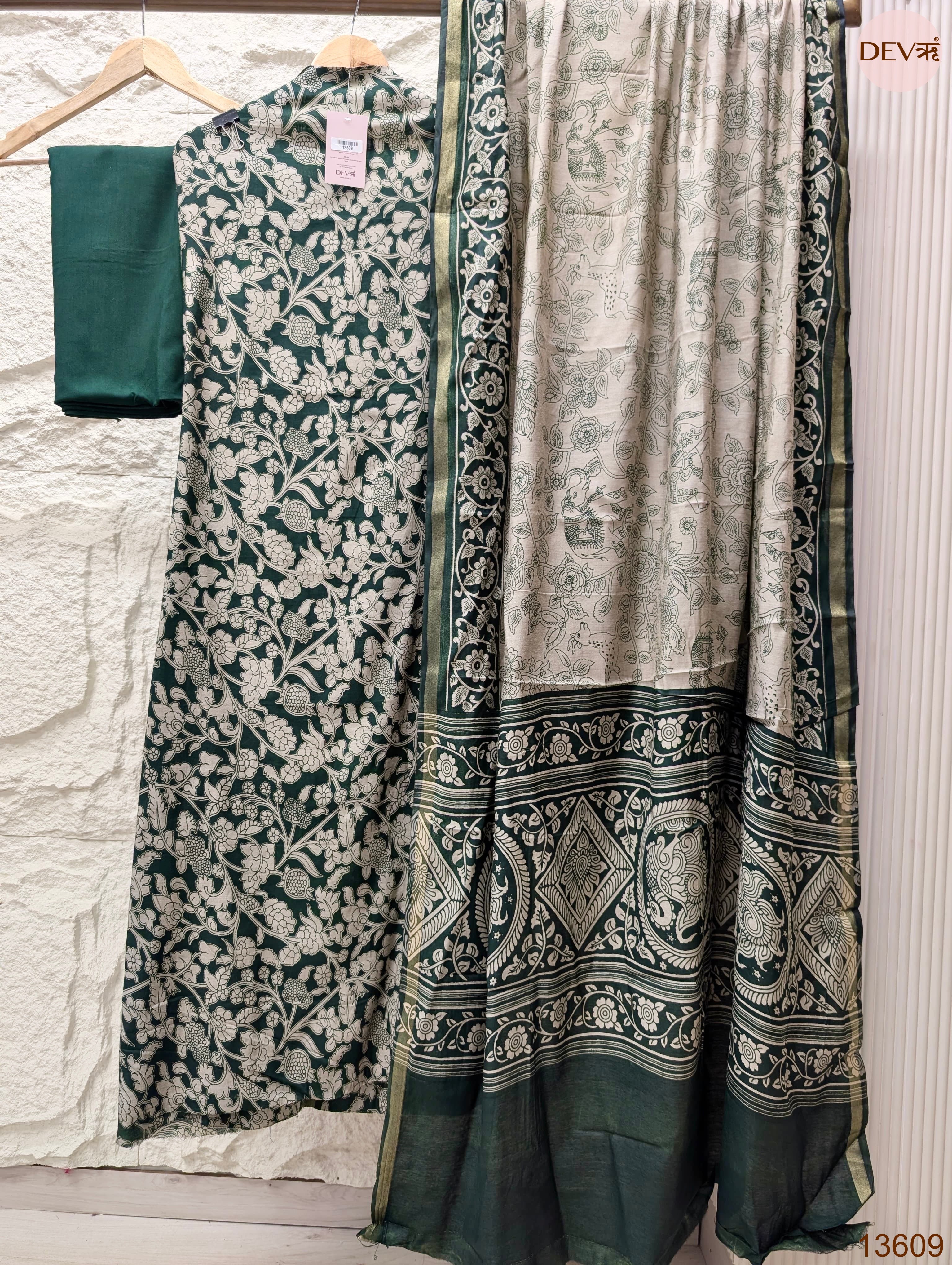 Green Maheshwari Silk Printed Unstitched 3-Piece Suit (Devri – D.No 13609)
