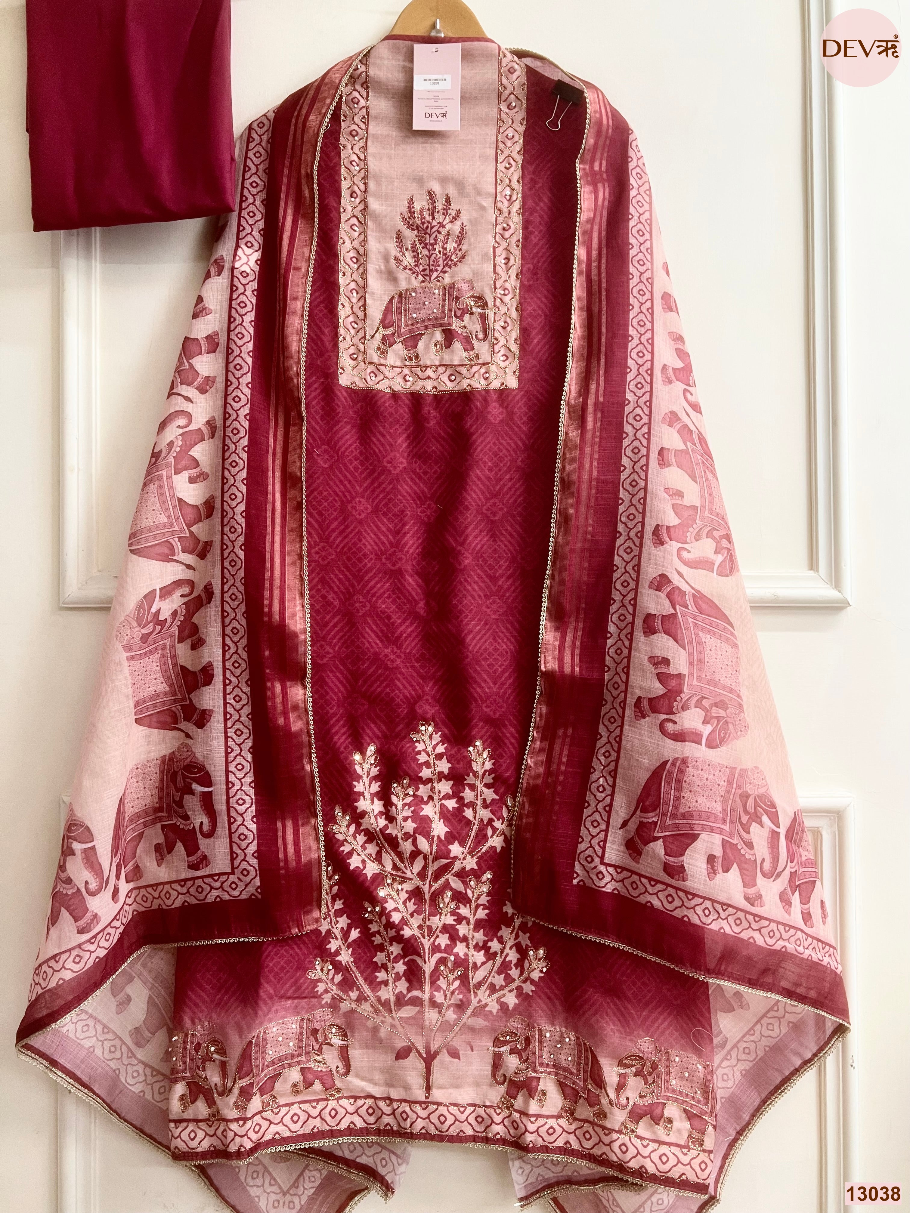 Wine Linen Cotton Printed Unstitched 3-Piece Suit (Devri – D.No 13038)